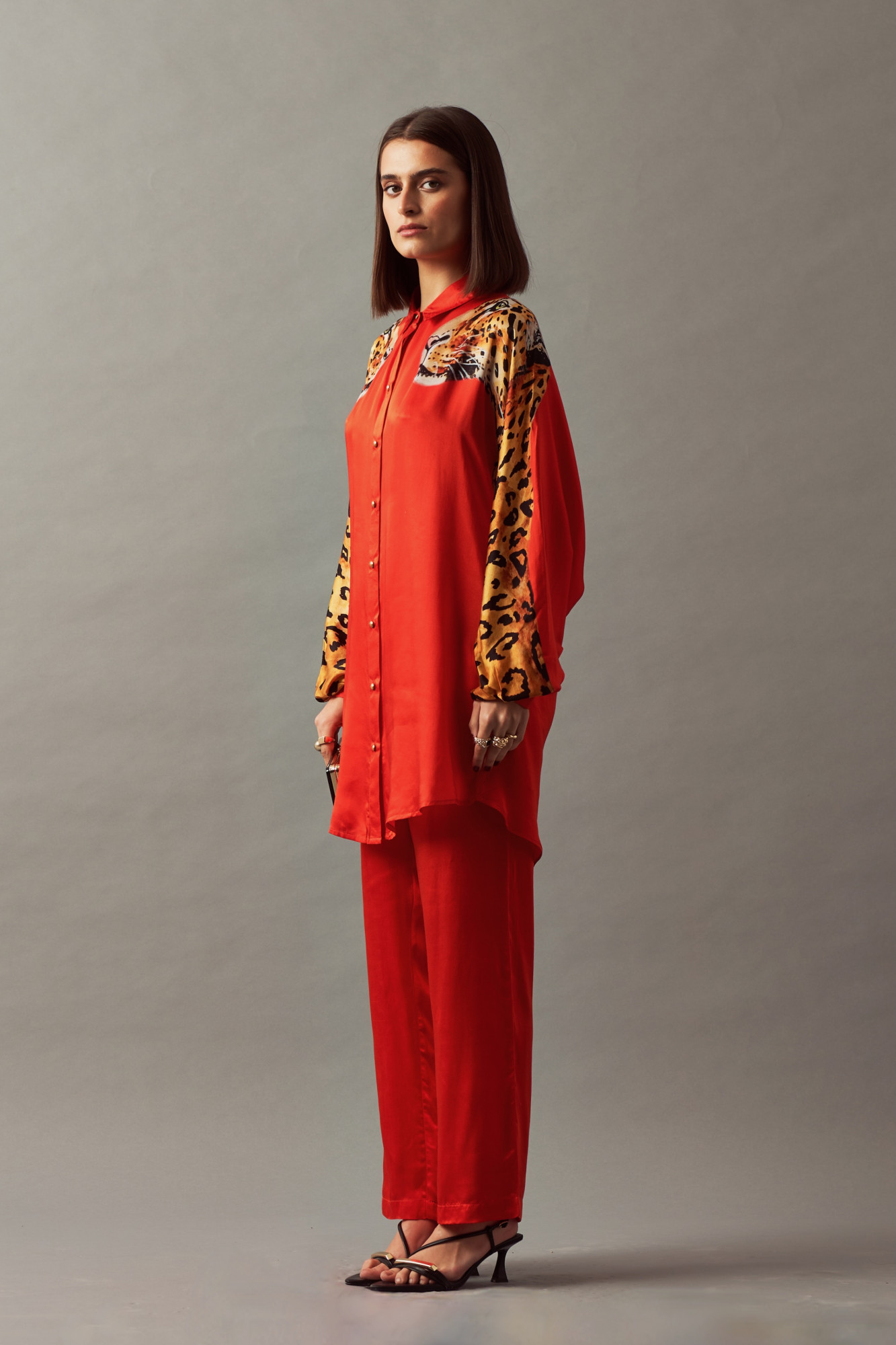 LEILA 02 RED COLOR LEOPARD PRINT SHIRT TUNIC AND PANTS CO-ORD SET