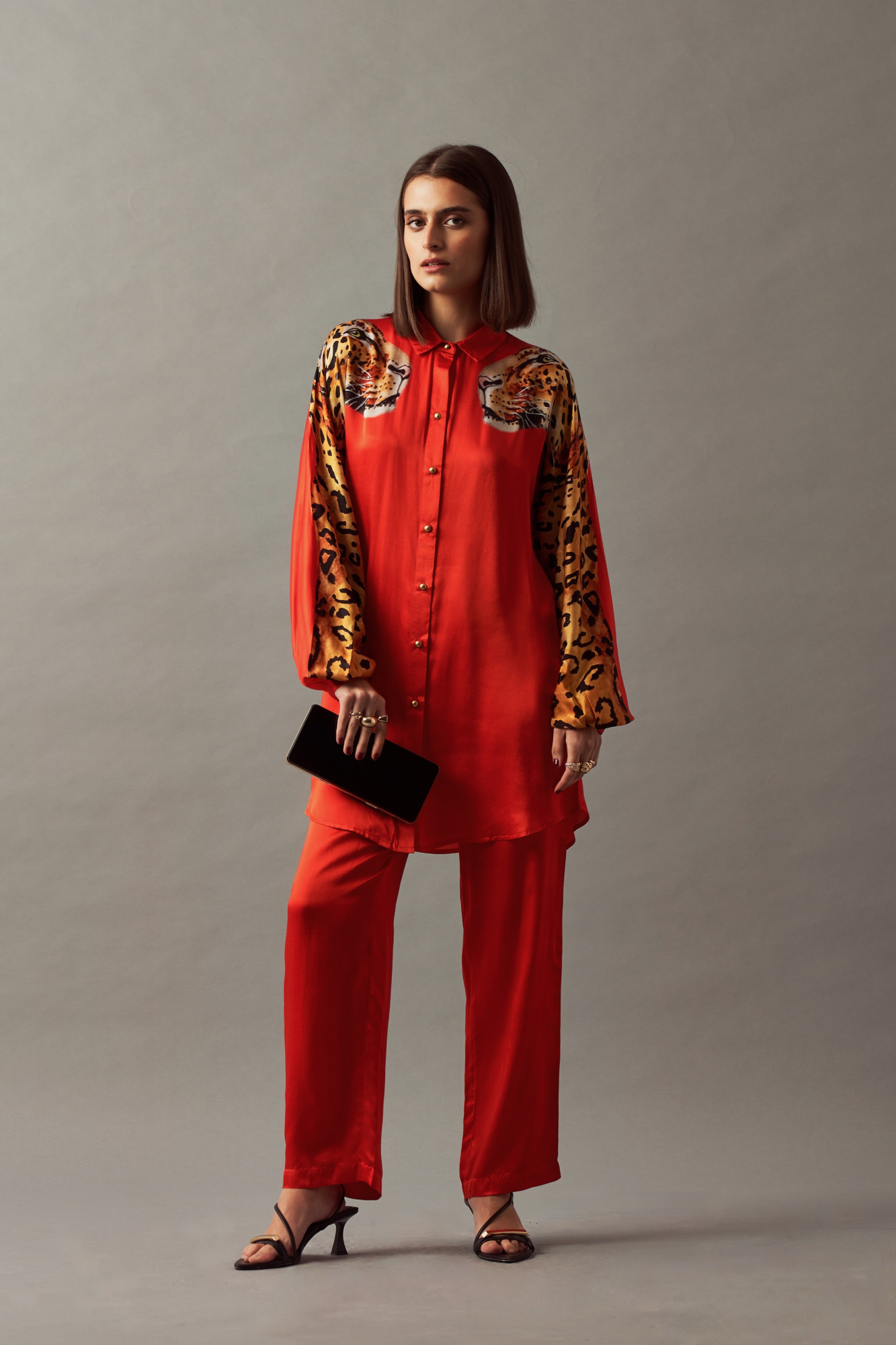 LEILA 02 RED COLOR LEOPARD PRINT SHIRT TUNIC AND PANTS CO-ORD SET