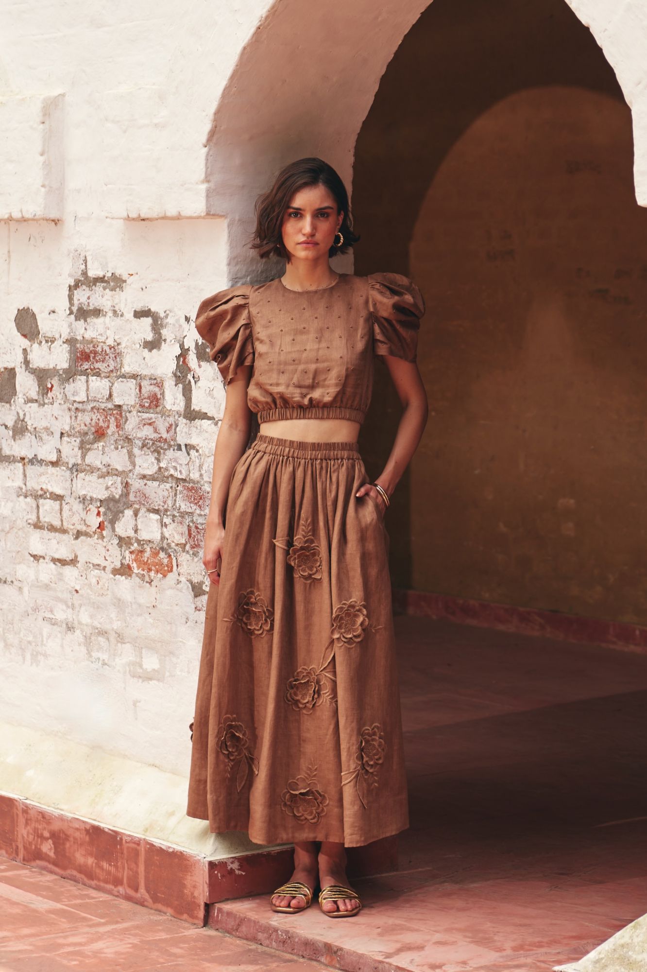 FLORENTINA SOLID BROWN PURE LINEN HAND EMBROIDERED CROP TOP AND MIDI LENGTH SKIRT SUMMER CO-ORDINATE