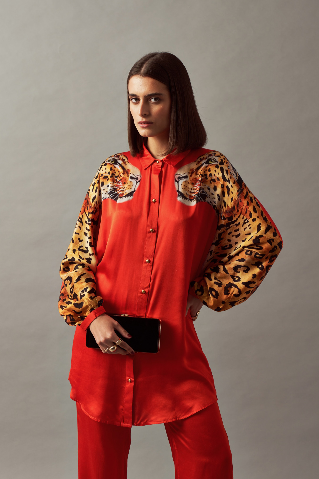 LEILA 02 RED COLOR LEOPARD PRINT SHIRT TUNIC AND PANTS CO-ORD SET