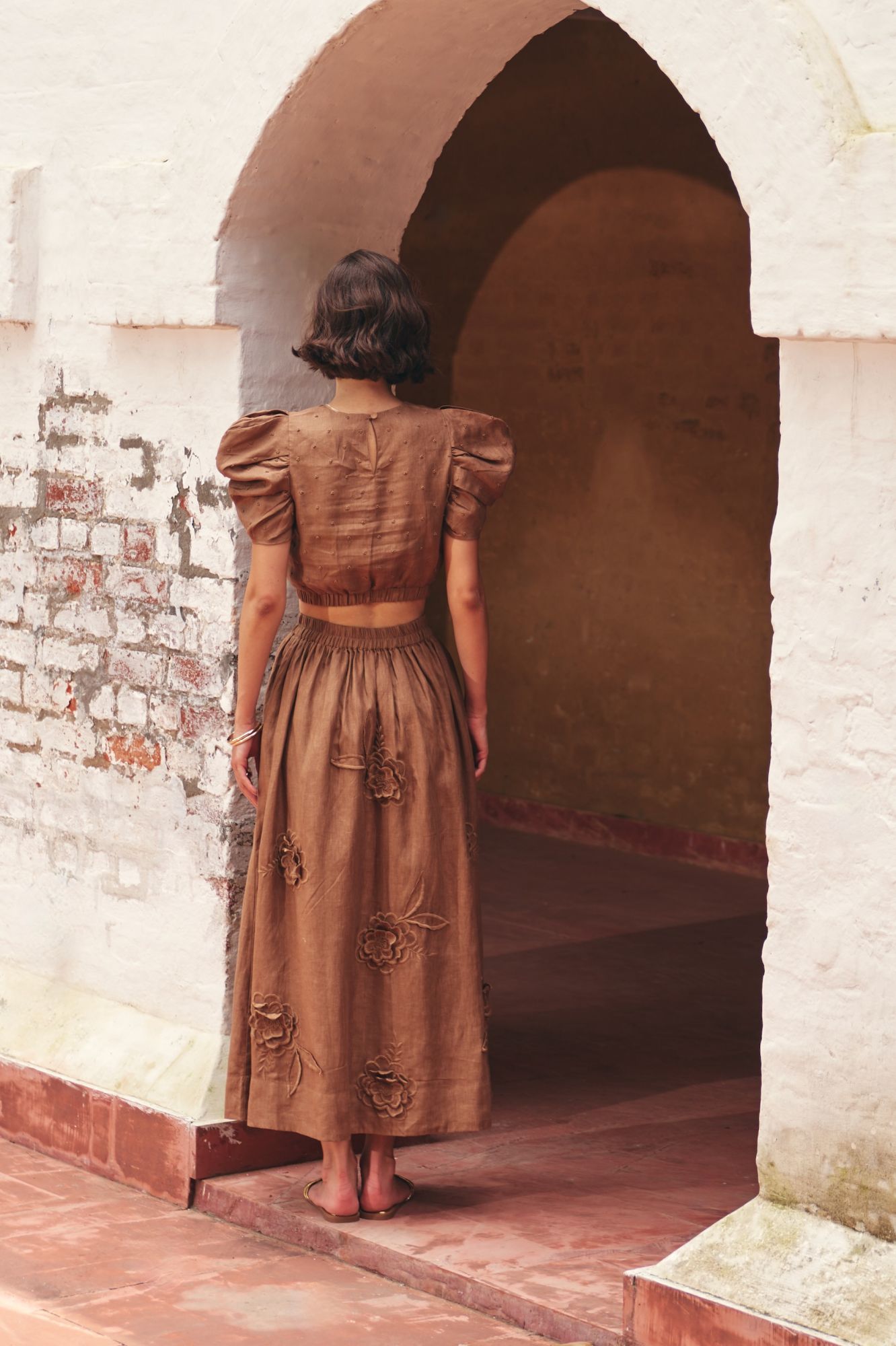 FLORENTINA SOLID BROWN PURE LINEN HAND EMBROIDERED CROP TOP AND MIDI LENGTH SKIRT SUMMER CO-ORDINATE