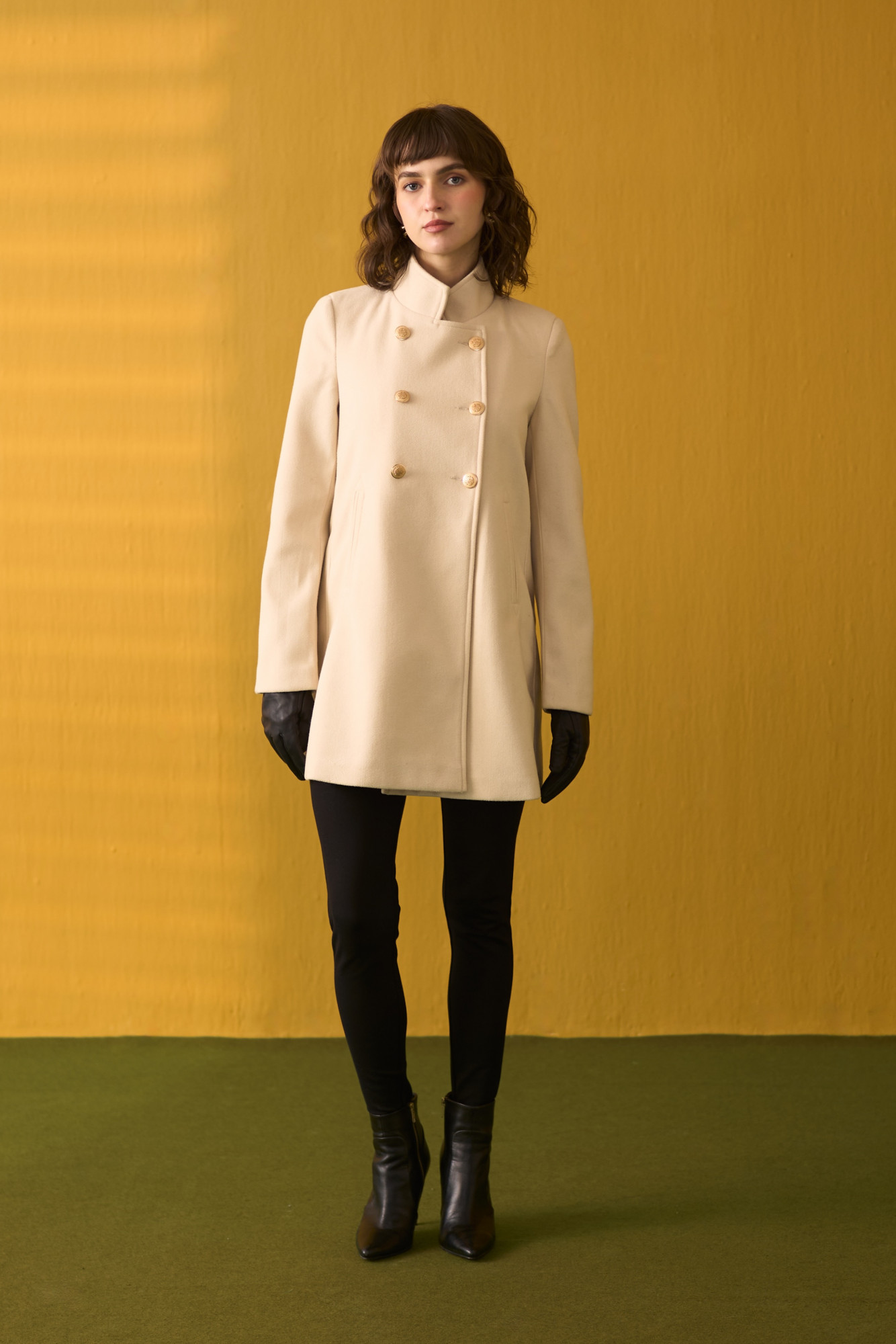 SYLVIE SOLID CREAM FELT DOUBLE BREASTED THIGH LENGTH JACKET