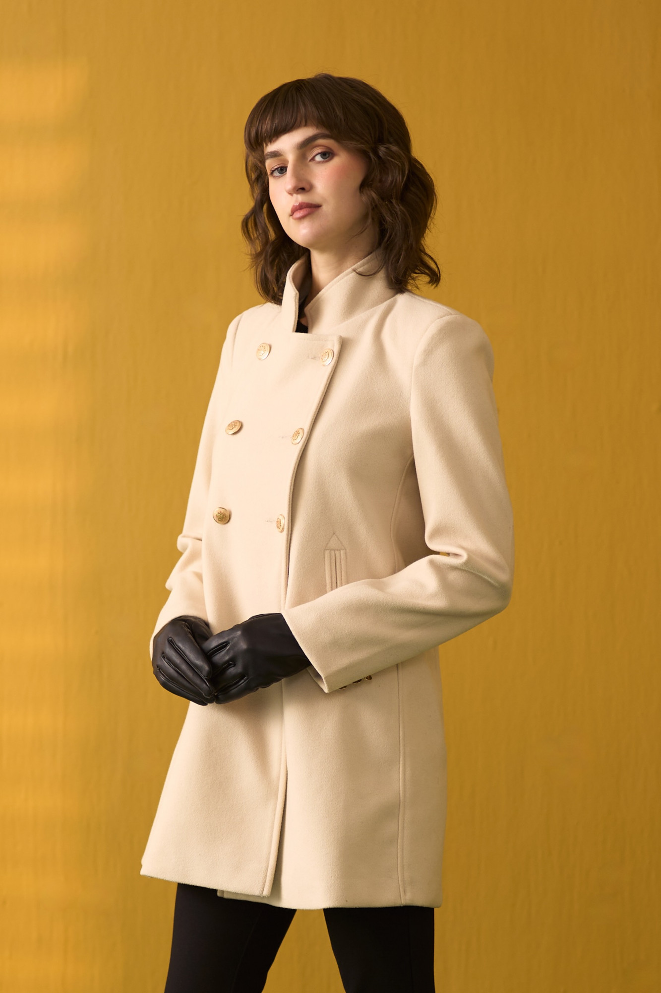 SYLVIE SOLID CREAM FELT DOUBLE BREASTED THIGH LENGTH JACKET