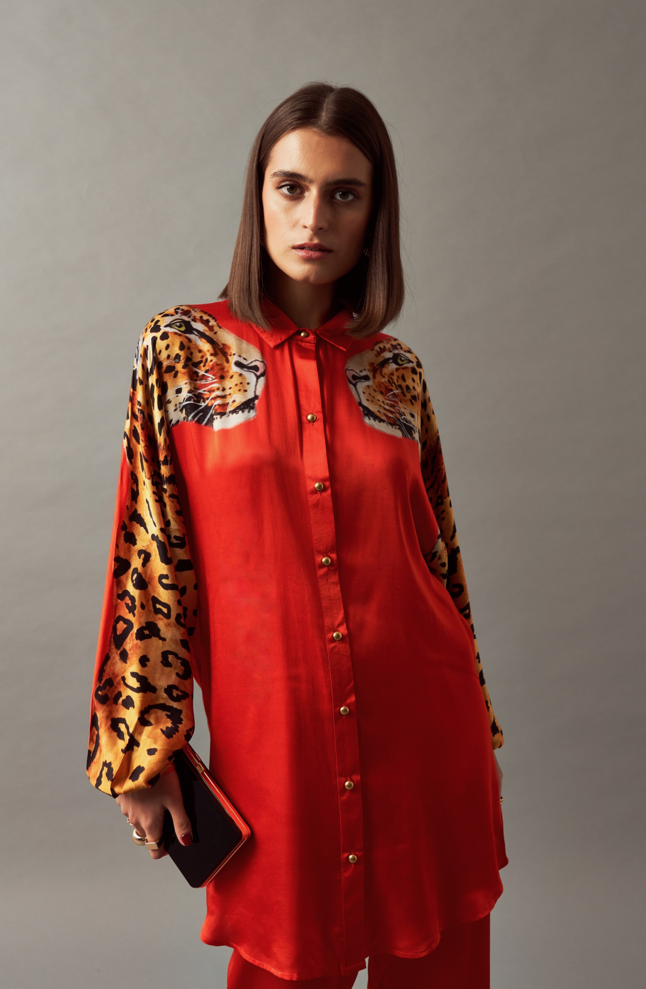 LEILA 02 RED COLOR LEOPARD PRINT SHIRT TUNIC AND PANTS CO-ORD SET