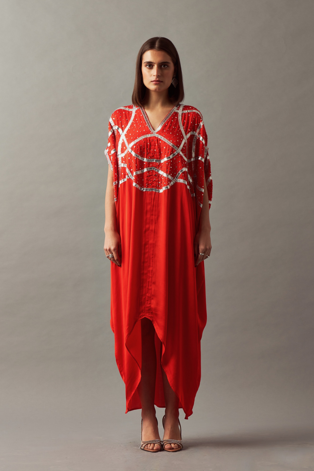 LEILA 02 RED COLOR KAFTAN WITH SILVER SEQUIN HAND EMBROIDERY