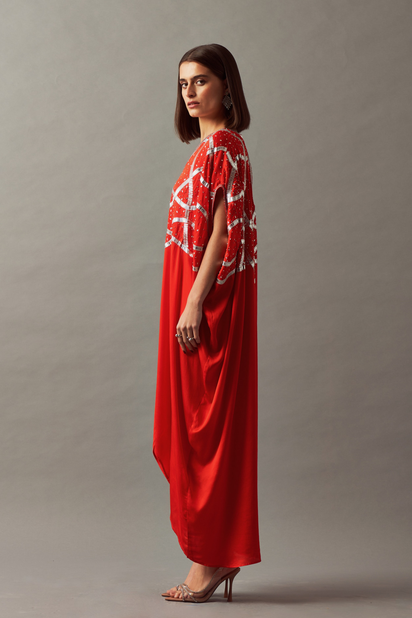 LEILA 02 RED COLOR KAFTAN WITH SILVER SEQUIN HAND EMBROIDERY