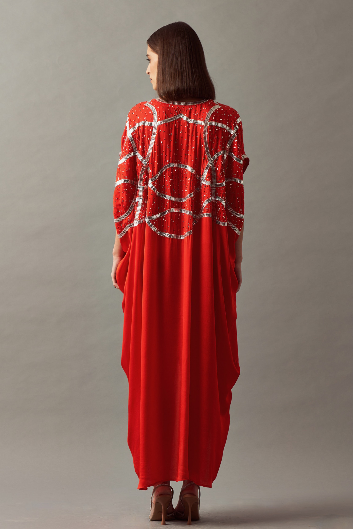 LEILA 02 RED COLOR KAFTAN WITH SILVER SEQUIN HAND EMBROIDERY