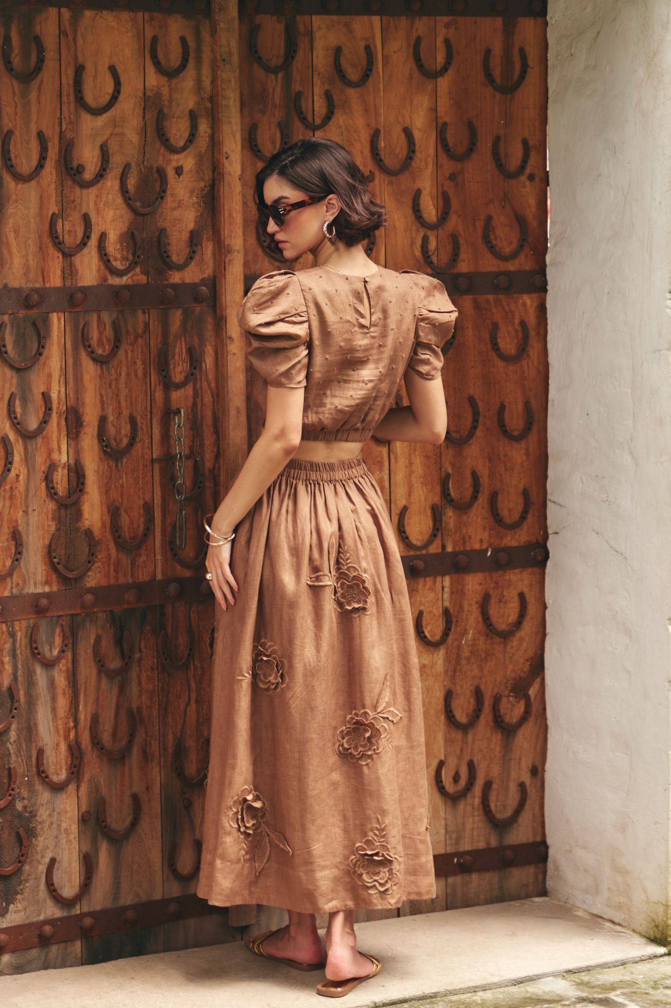 FLORENTINA SOLID BROWN PURE LINEN HAND EMBROIDERED CROP TOP AND MIDI LENGTH SKIRT SUMMER CO-ORDINATE