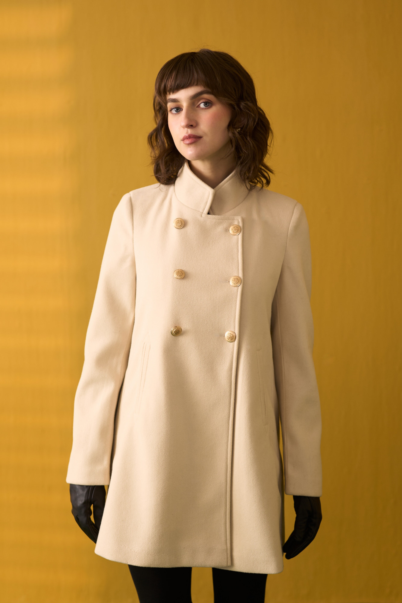 SYLVIE SOLID CREAM FELT DOUBLE BREASTED THIGH LENGTH JACKET