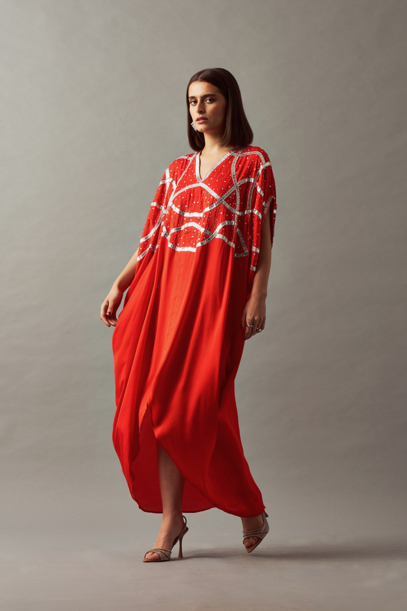 LEILA 02 RED COLOR KAFTAN WITH SILVER SEQUIN HAND EMBROIDERY