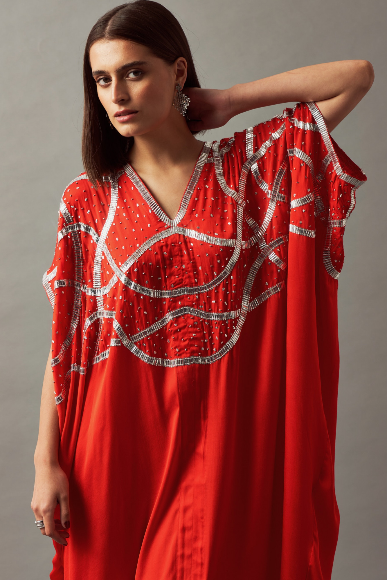 LEILA 02 RED COLOR KAFTAN WITH SILVER SEQUIN HAND EMBROIDERY