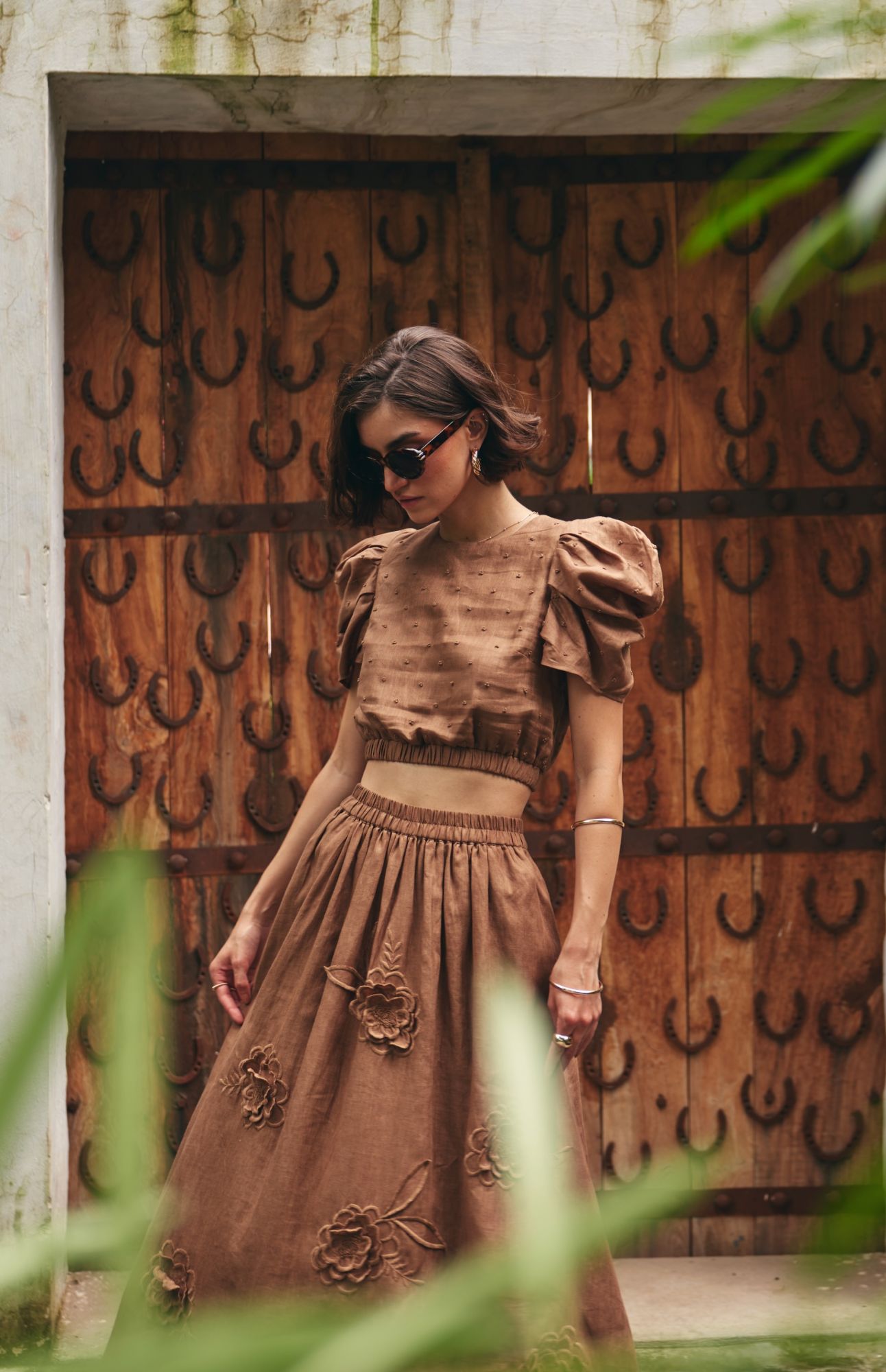 FLORENTINA SOLID BROWN PURE LINEN HAND EMBROIDERED CROP TOP AND MIDI LENGTH SKIRT SUMMER CO-ORDINATE