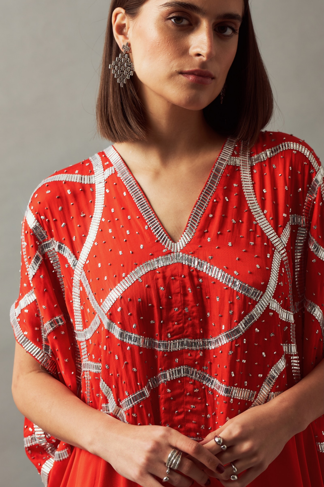 LEILA 02 RED COLOR KAFTAN WITH SILVER SEQUIN HAND EMBROIDERY