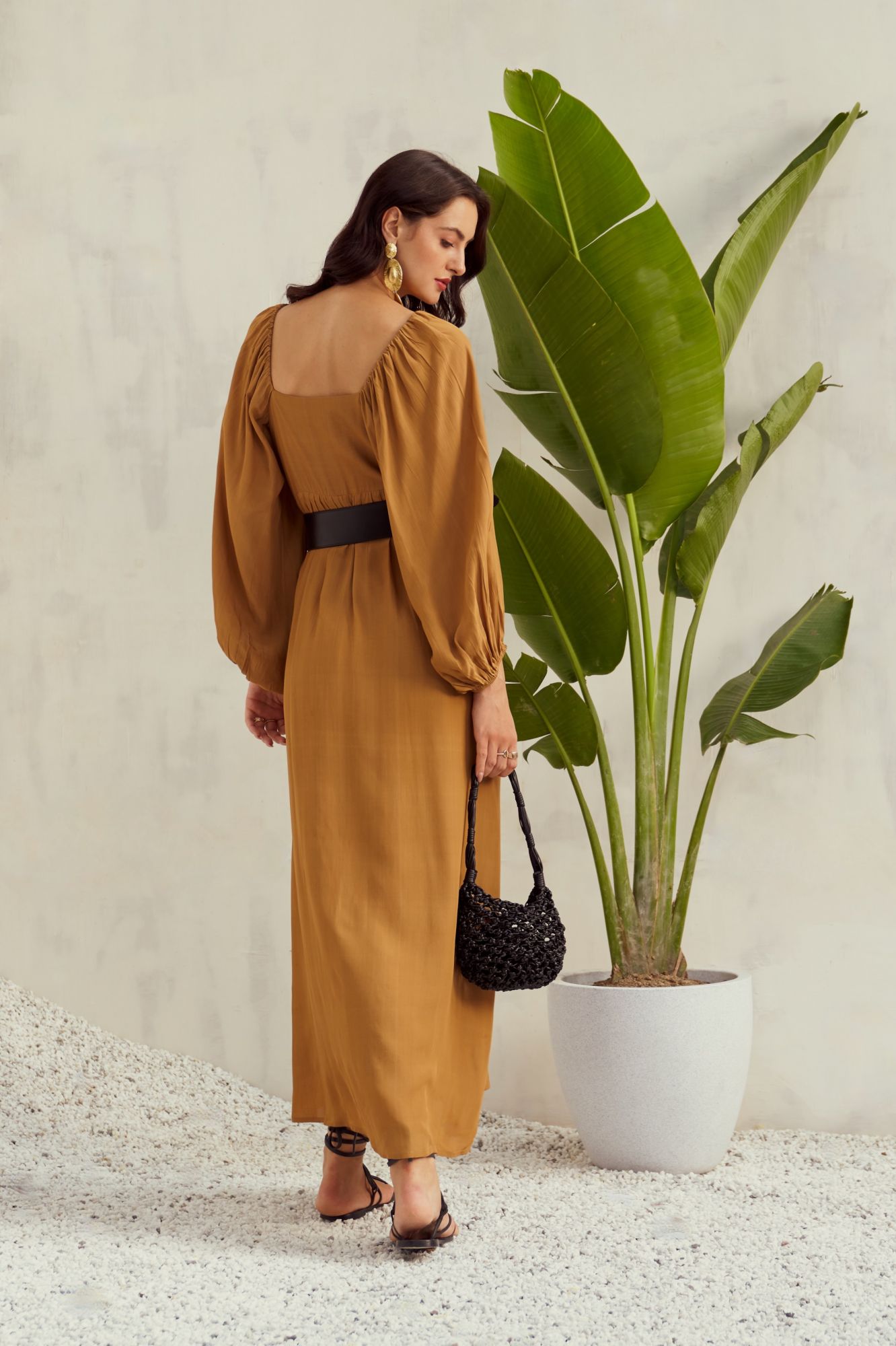 MALIBU-02 DESERT TAN COLOR VISCOSE CREPE ANKLE LENGTH DRESS WITH PEASANT SLEEVES