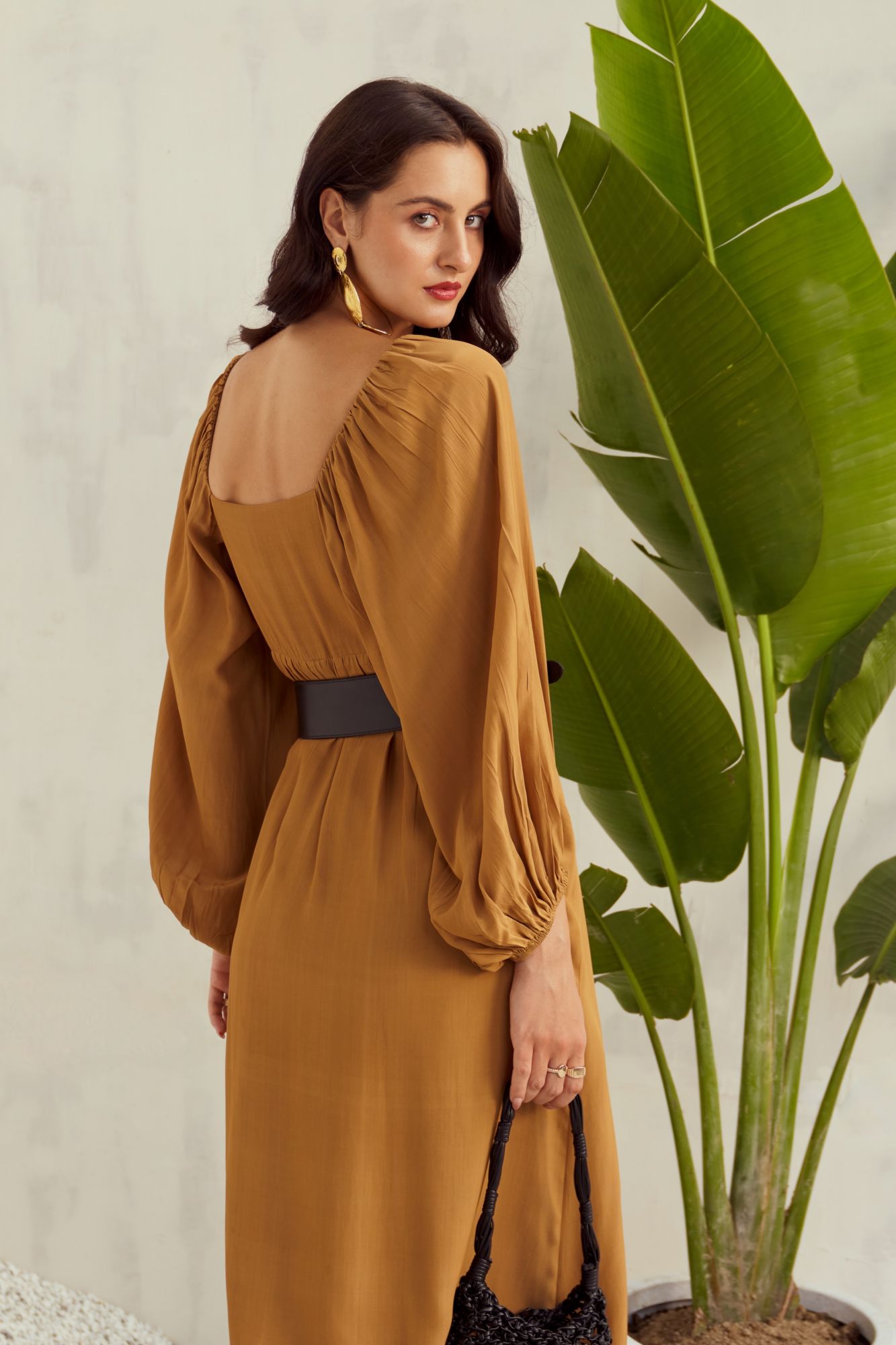 MALIBU-02 DESERT TAN COLOR VISCOSE CREPE ANKLE LENGTH DRESS WITH PEASANT SLEEVES