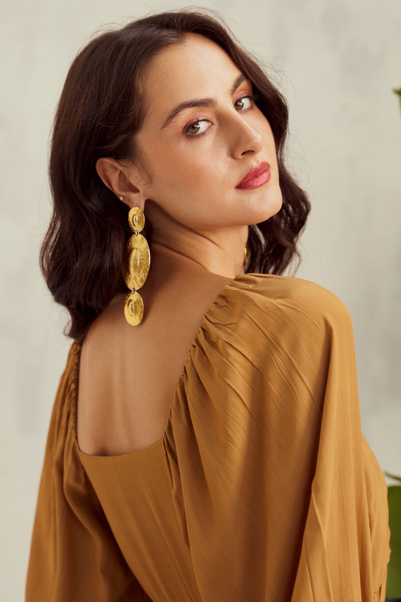 MALIBU-02 DESERT TAN COLOR VISCOSE CREPE ANKLE LENGTH DRESS WITH PEASANT SLEEVES