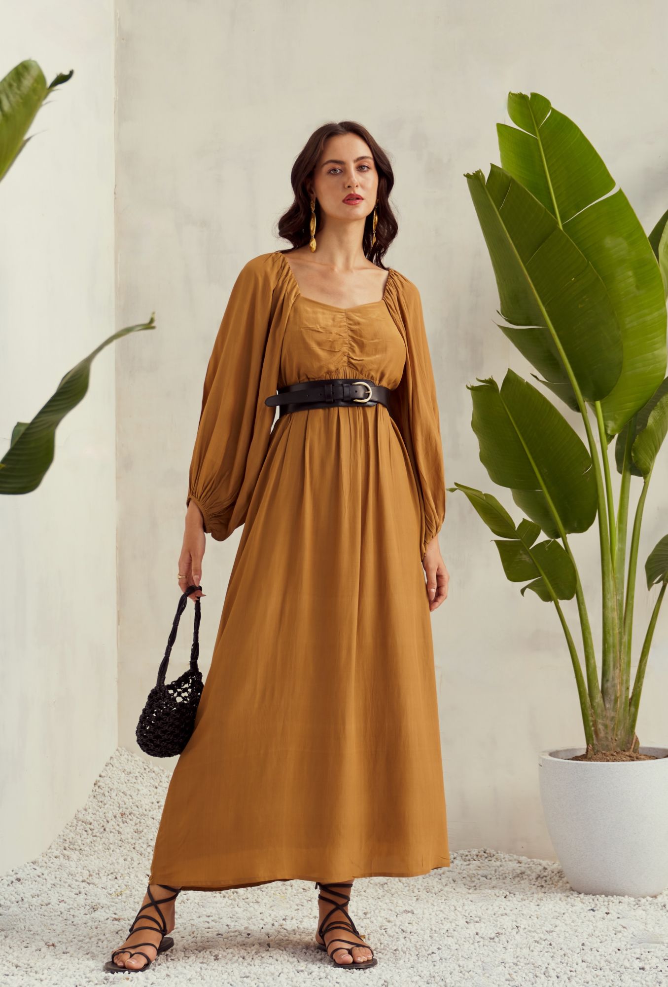 MALIBU-02 DESERT TAN COLOR VISCOSE CREPE ANKLE LENGTH DRESS WITH PEASANT SLEEVES