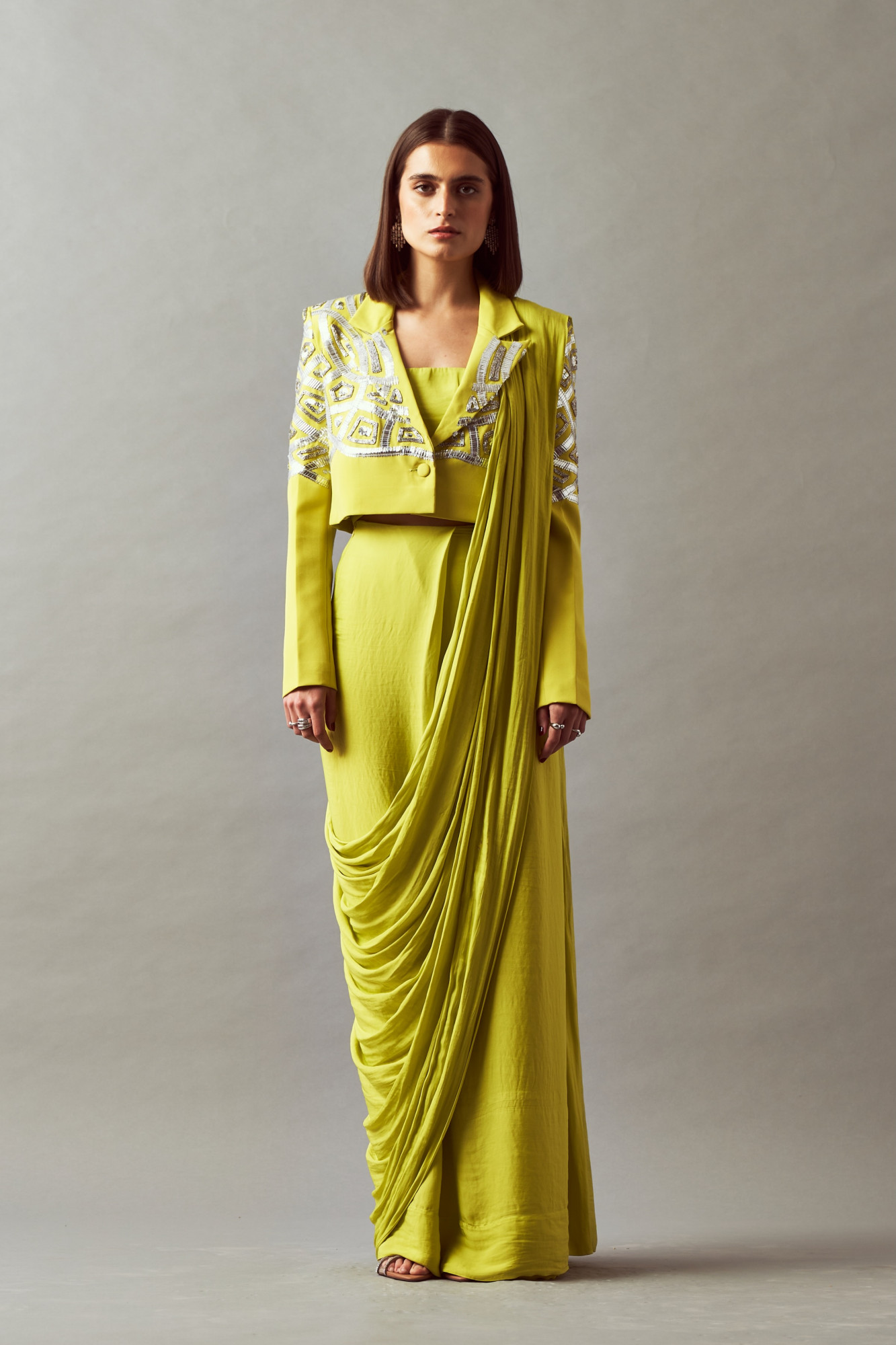 LEILA 02 LEMON COLOR CROPPED JACKED WITH BUSTIER AND ZIP SARI