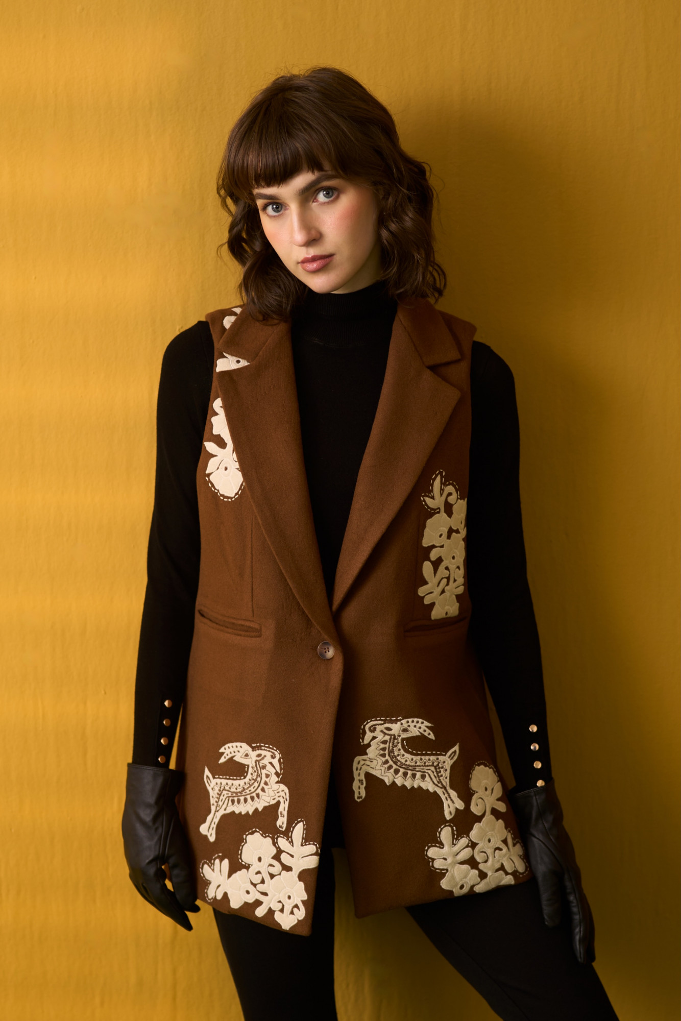 DROKPA BROWN FELT FLORA FAUNA EMBROIDERED SLEEVELESS JACKET