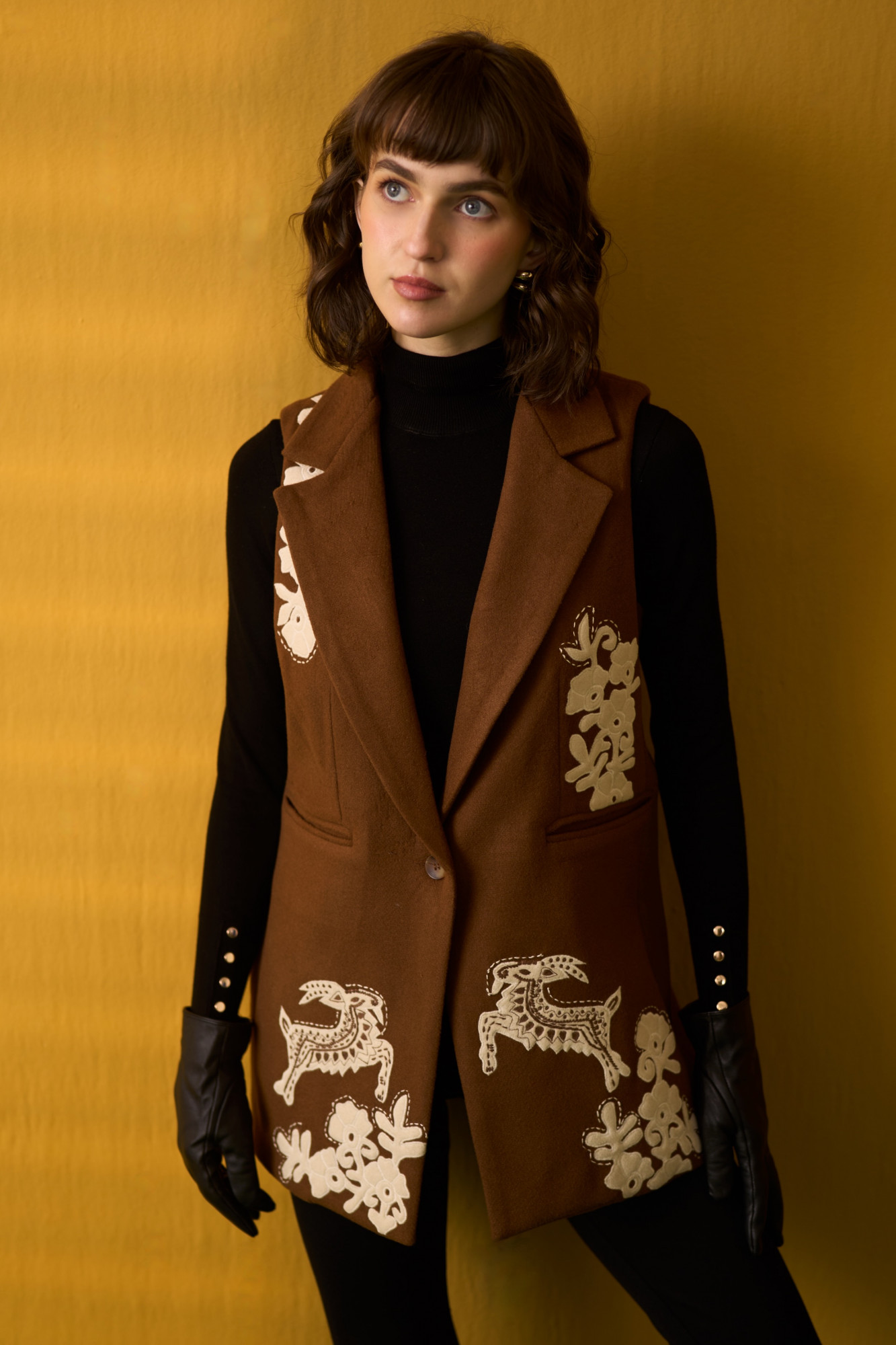 DROKPA BROWN FELT FLORA  FAUNA EMBROIDERED SLEEVELESS JACKET