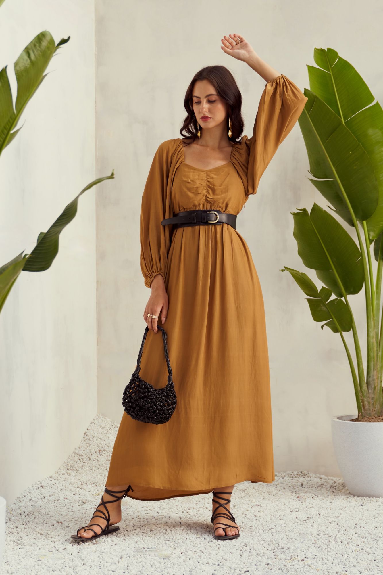 MALIBU-02 DESERT TAN COLOR VISCOSE CREPE ANKLE LENGTH DRESS WITH PEASANT SLEEVES