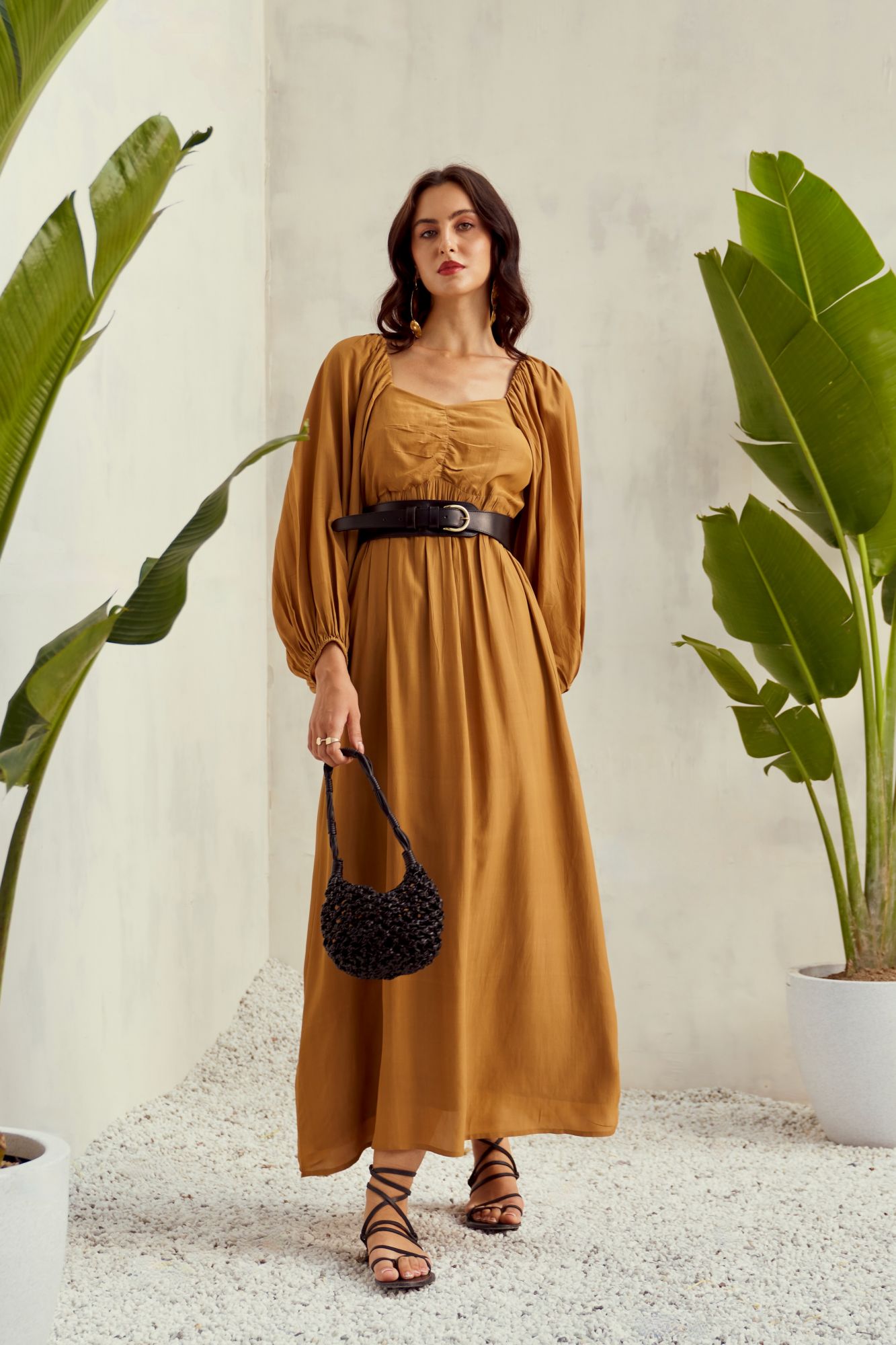 MALIBU-02 DESERT TAN COLOR VISCOSE CREPE ANKLE LENGTH DRESS WITH PEASANT SLEEVES