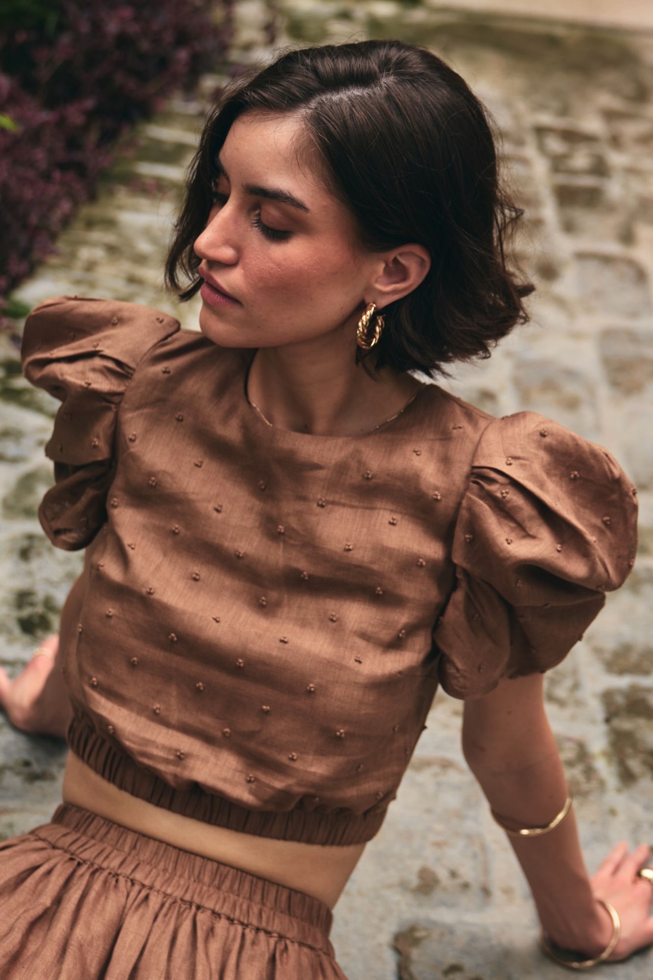 FLORENTINA SOLID BROWN PURE LINEN CROP LENGTH TOP WITH SLEEVES AND KNOT EMBROIDERY ALL OVER