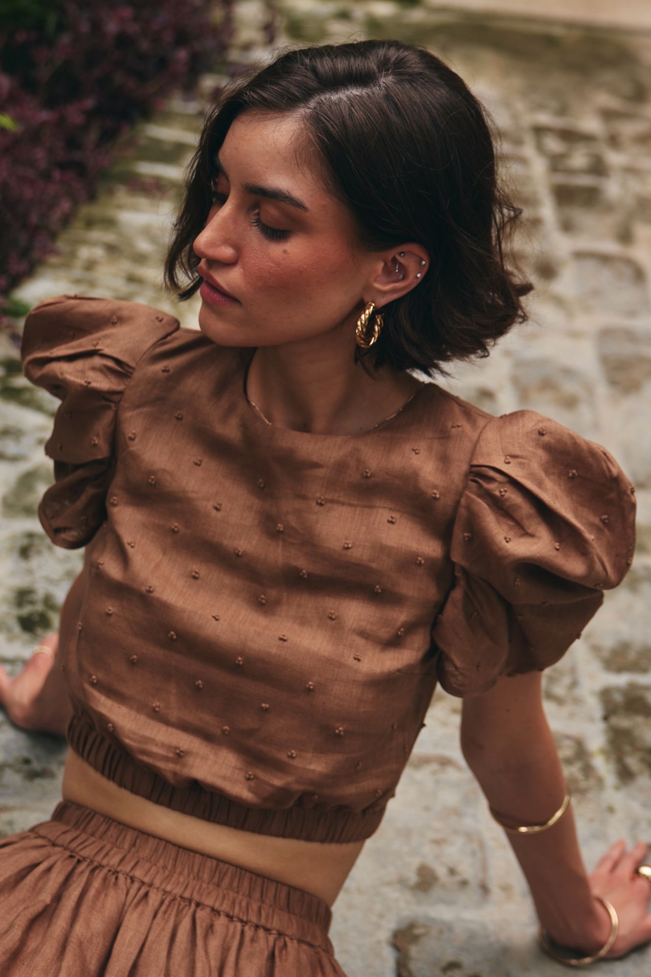 FLORENTINA SOLID BROWN PURE LINEN HAND EMBROIDERED CROP TOP AND MIDI LENGTH SKIRT SUMMER CO-ORDINATE