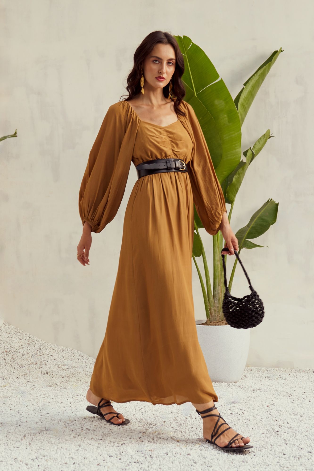MALIBU-02 DESERT TAN COLOR VISCOSE CREPE ANKLE LENGTH DRESS WITH PEASANT SLEEVES