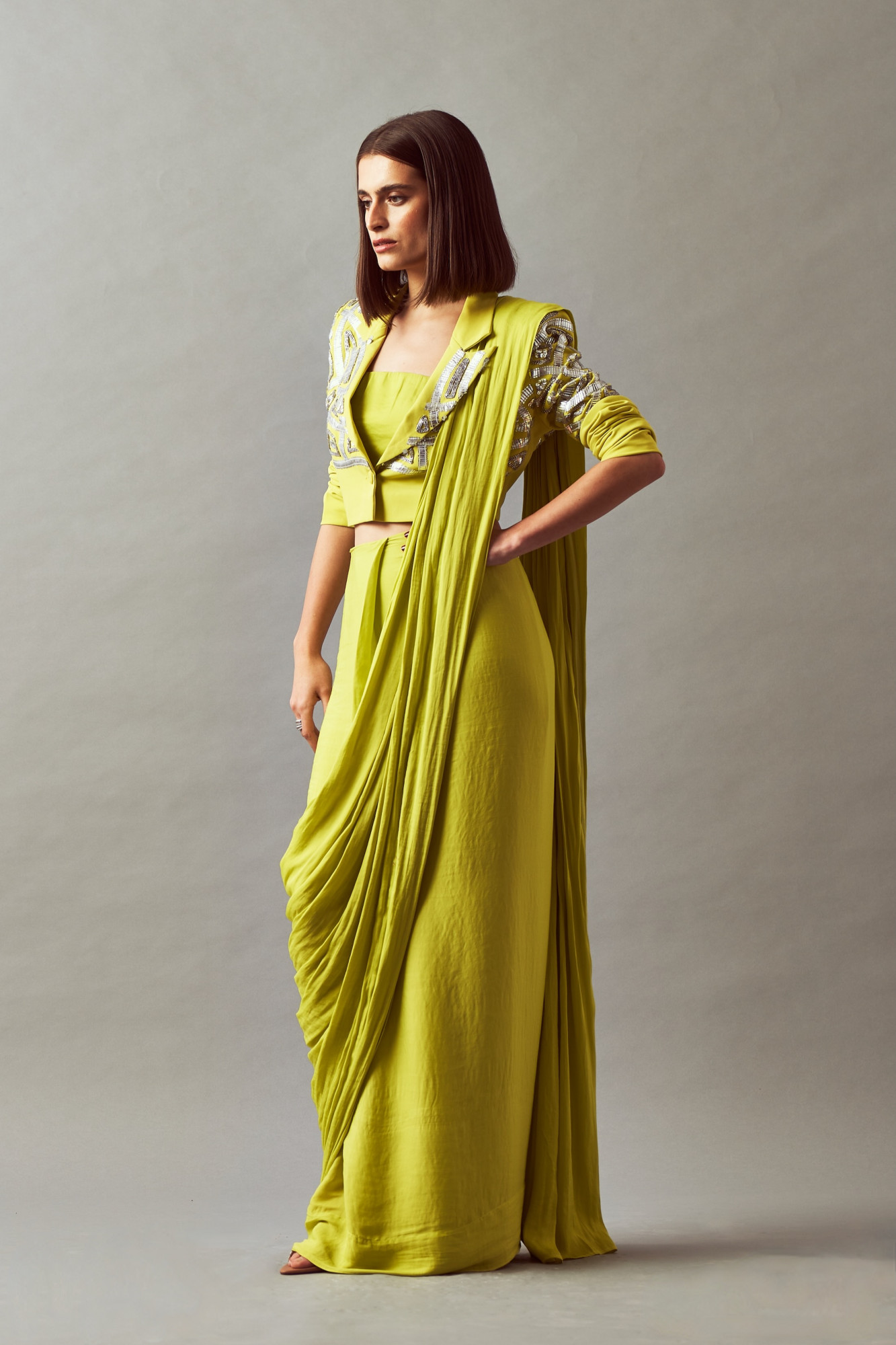 LEILA 02 LEMON COLOR CROPPED JACKED WITH BUSTIER AND ZIP SARI
