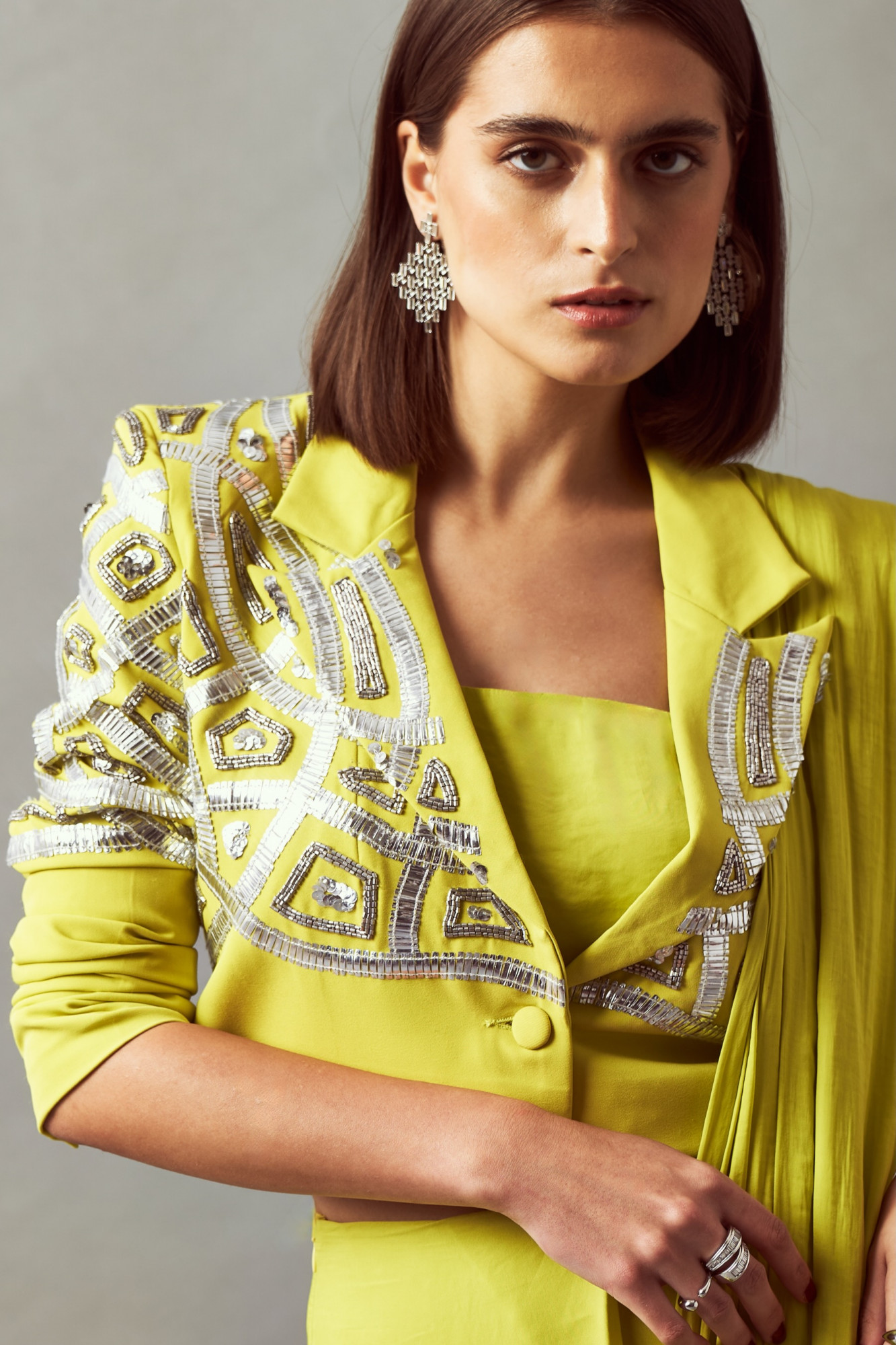 LEILA 02 LEMON COLOR CROPPED JACKED WITH BUSTIER AND ZIP SARI