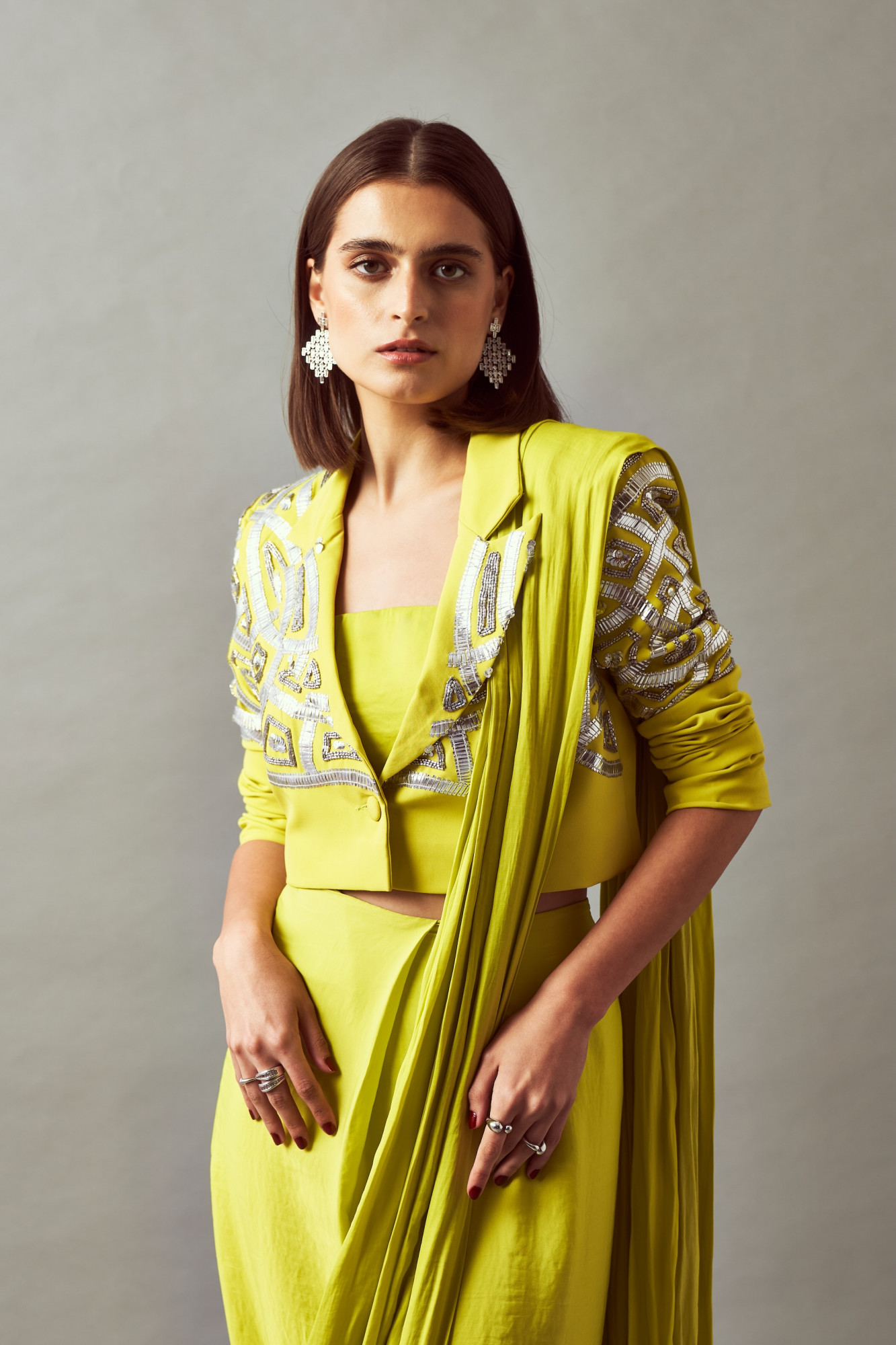 LEILA 02 LEMON COLOR CROPPED JACKED WITH BUSTIER AND ZIP SARI