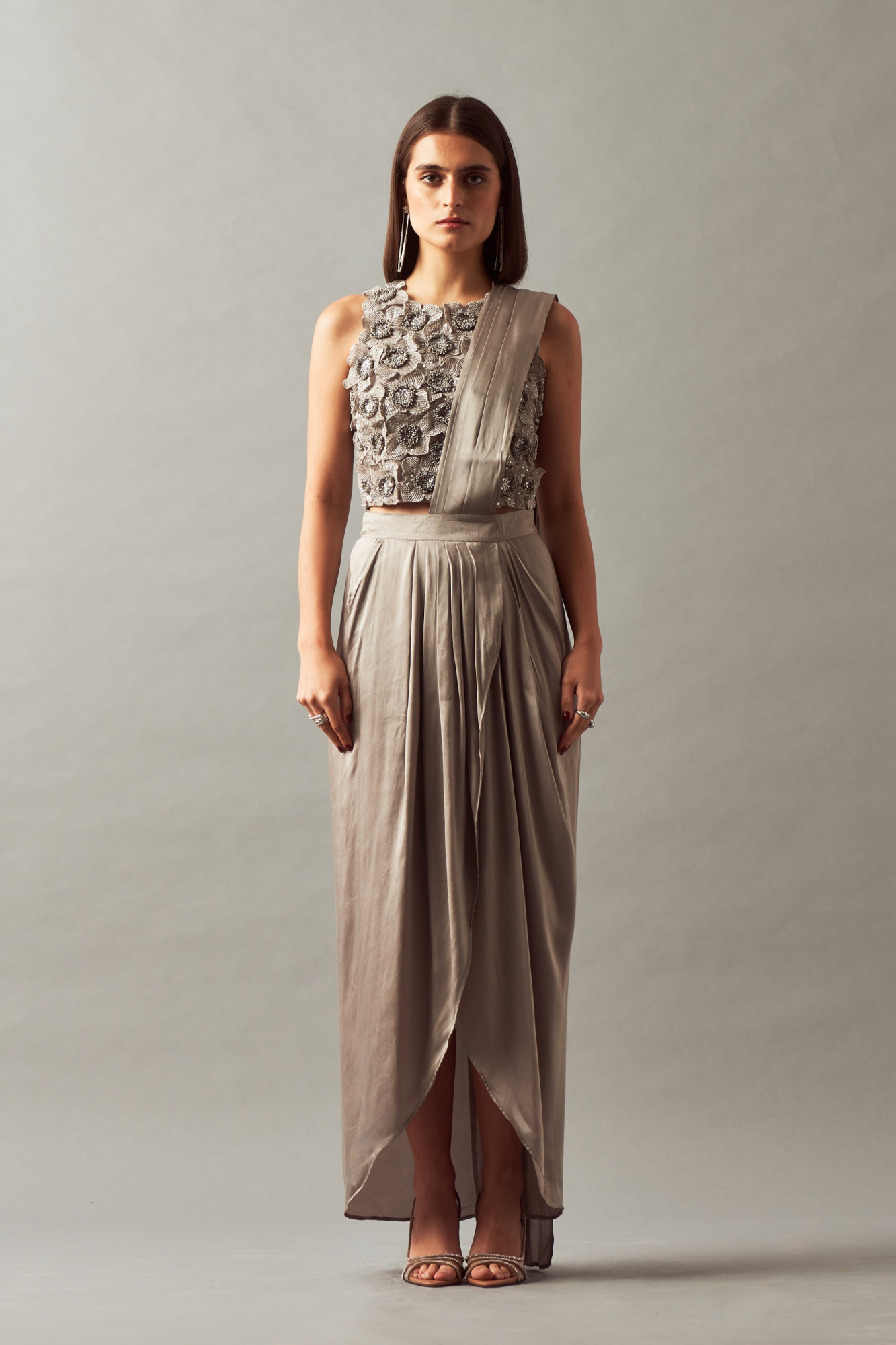 LEILA 02 SILVER FULLY HAND EMBROIDERED TOP WITH ZIP SARI