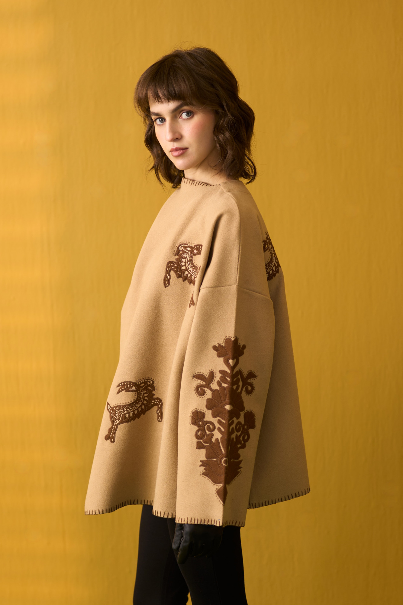 NOMADS BEIGE FELT FLORA FAUNA EMBROIDERED WINTER CAPE
