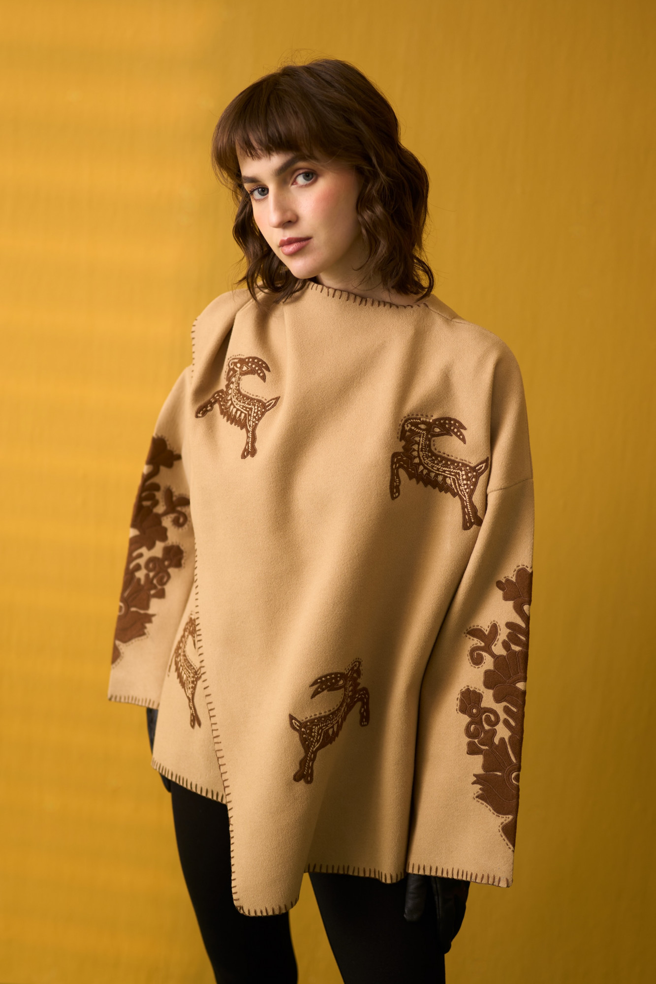 NOMADS BEIGE FELT FLORA FAUNA EMBROIDERED WINTER CAPE