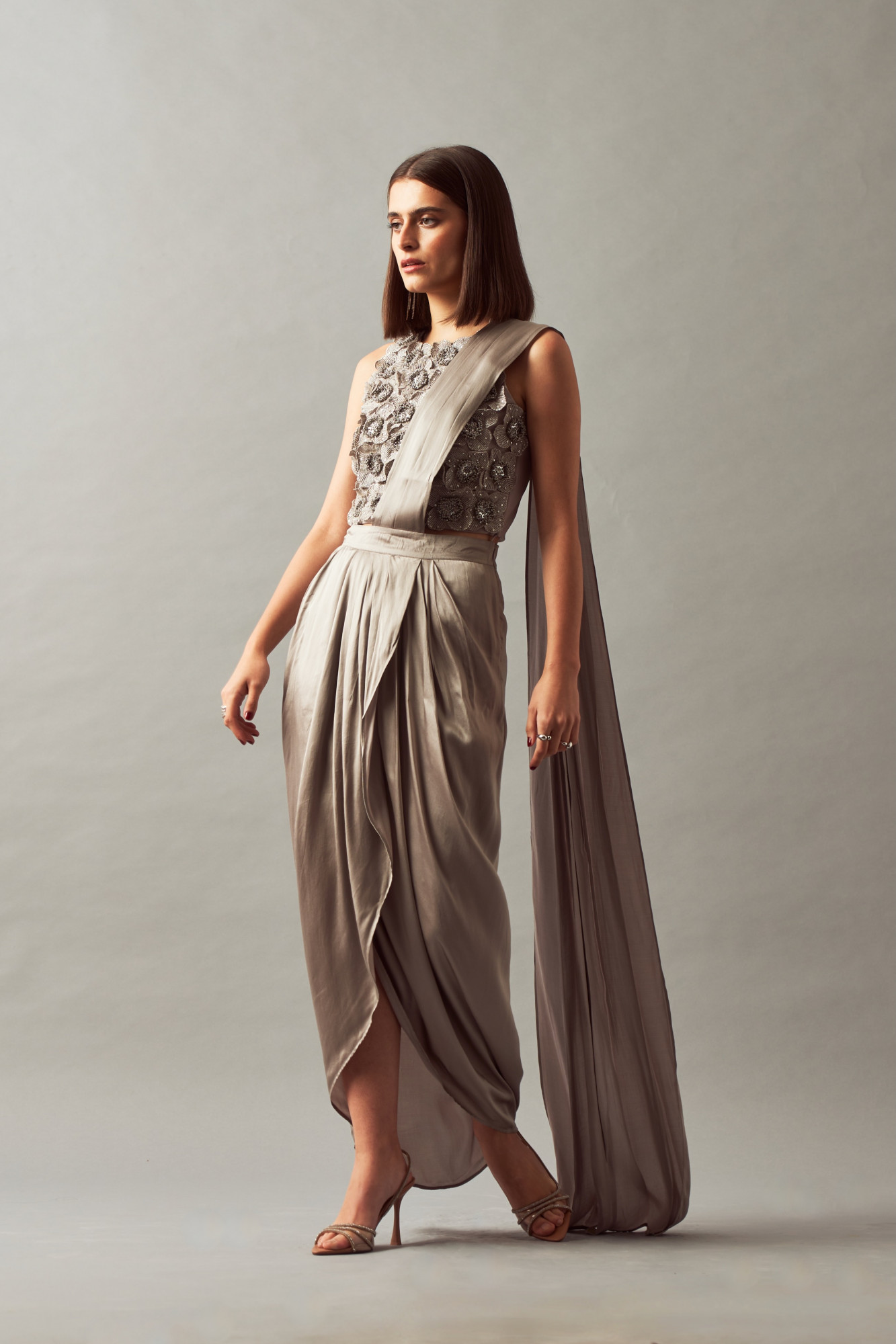 LEILA 02 SILVER FULLY HAND EMBROIDERED TOP WITH ZIP SARI