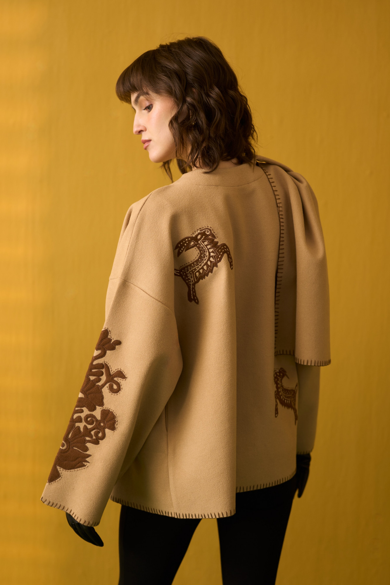 NOMADS BEIGE FELT FLORA FAUNA EMBROIDERED WINTER CAPE