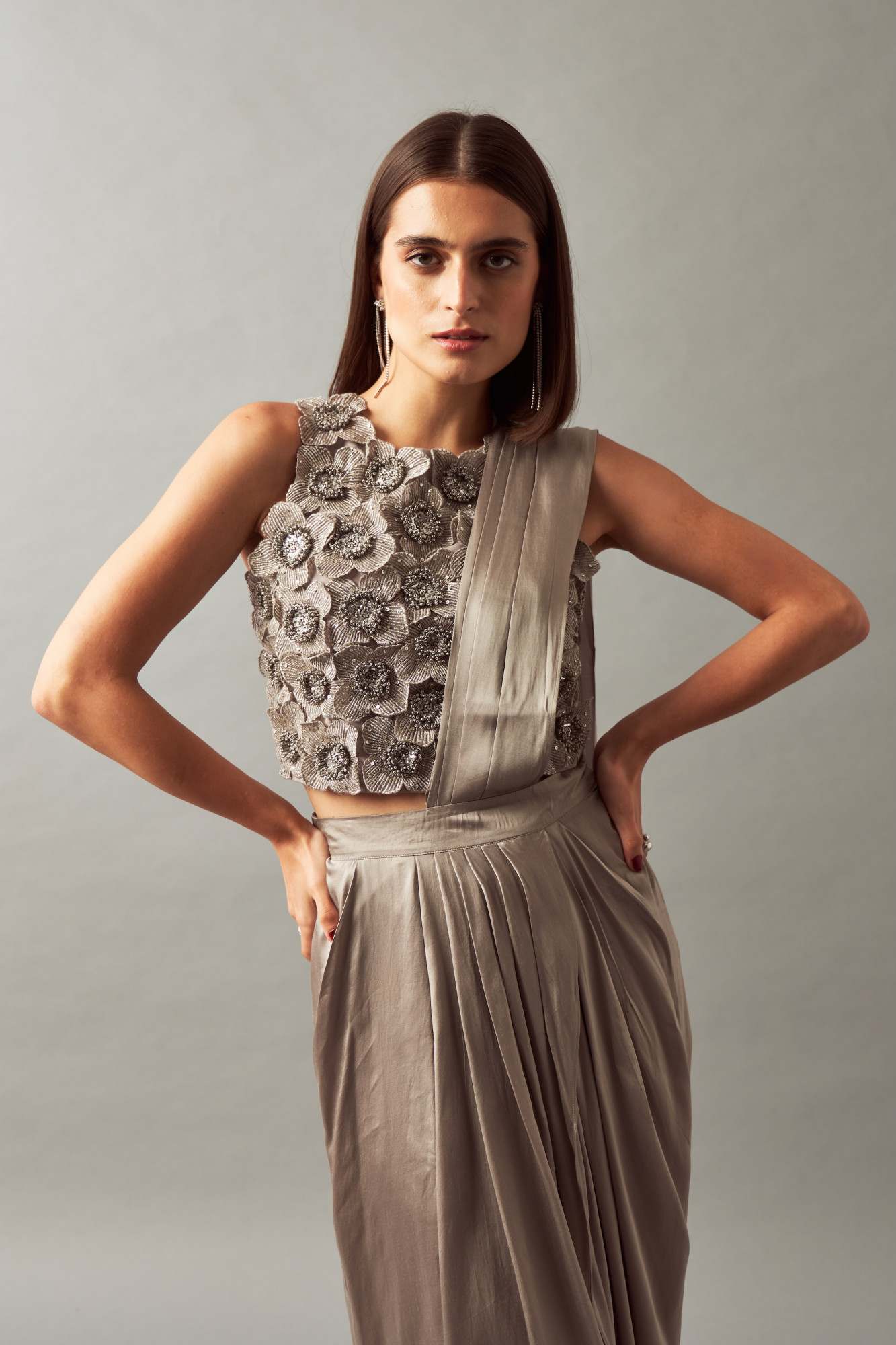 LEILA 02 SILVER FULLY HAND EMBROIDERED TOP WITH ZIP SARI