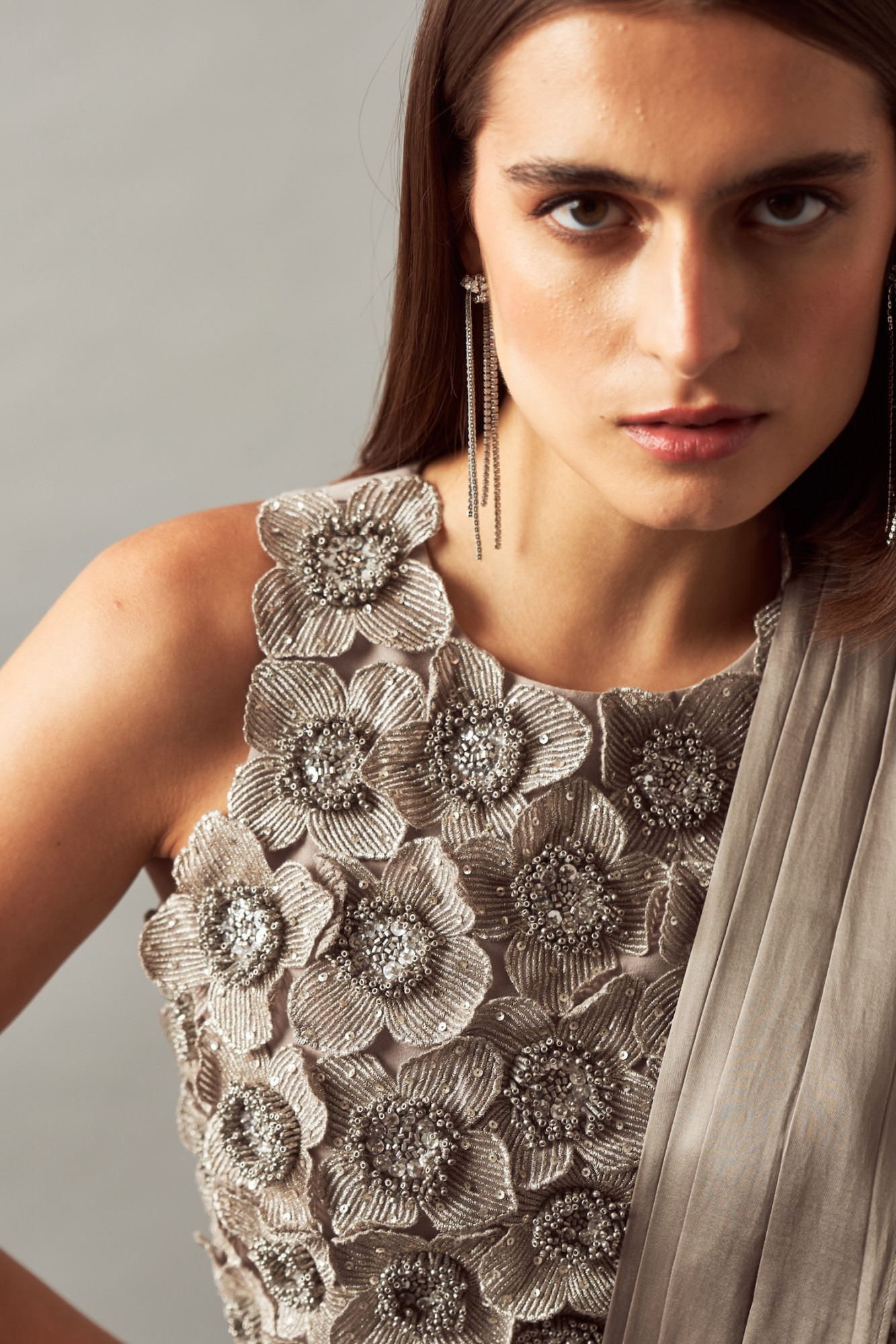 LEILA 02 SILVER FULLY HAND EMBROIDERED TOP WITH ZIP SARI