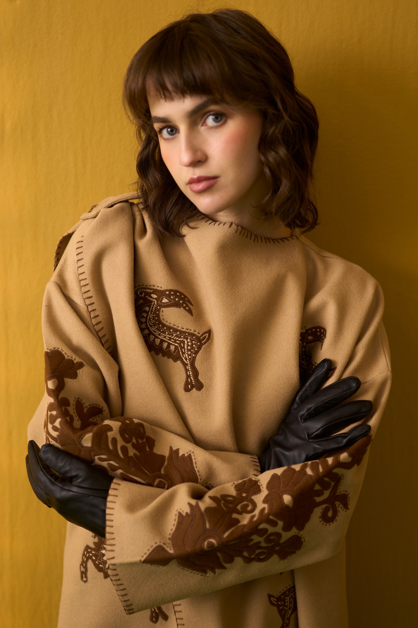 NOMADS BEIGE FELT FLORA  FAUNA EMBROIDERED WINTER CAPE