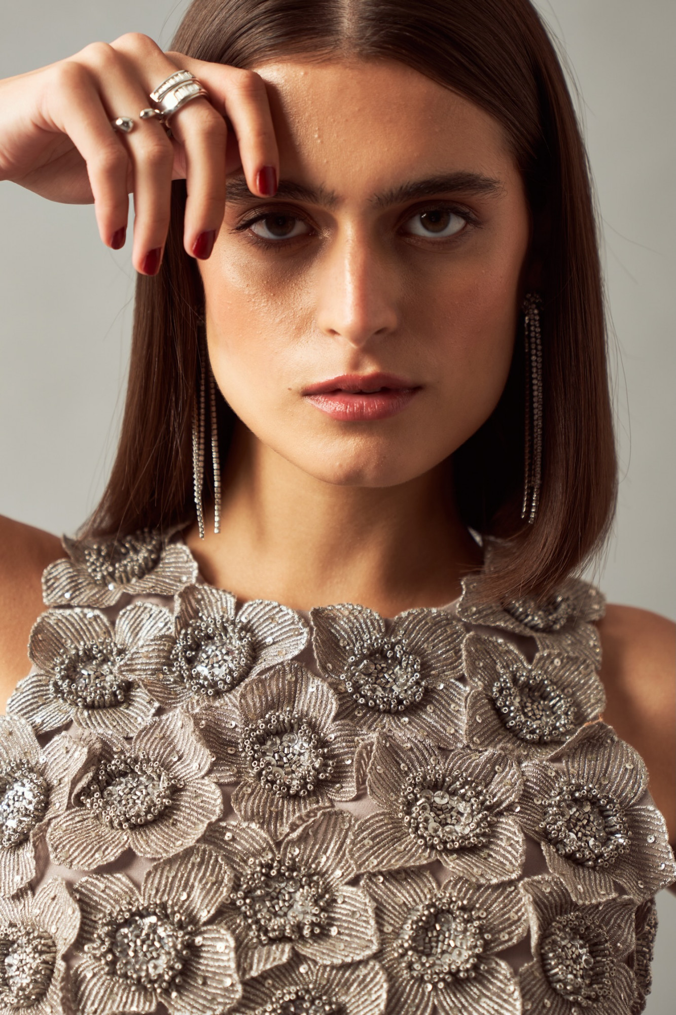 LEILA 02 SILVER FULLY HAND EMBROIDERED TOP WITH ZIP SARI