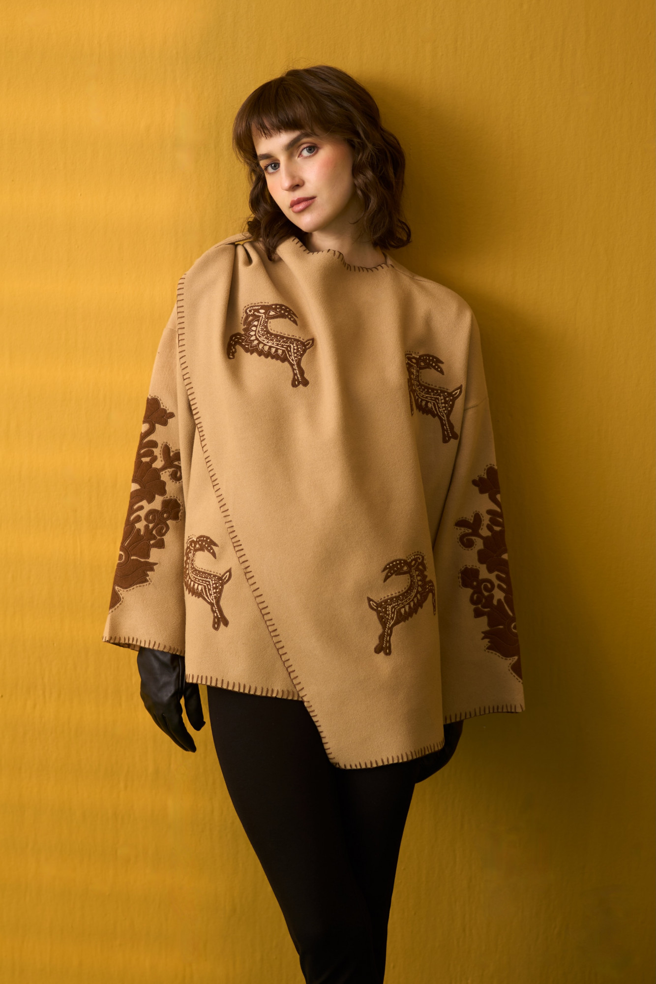 NOMADS BEIGE FELT FLORA FAUNA EMBROIDERED WINTER CAPE