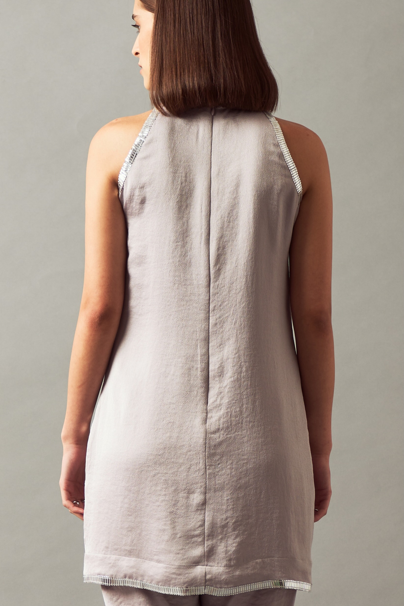 LEILA 02 SILVER HAND EMBROIDERED SLEEVLESS TUNIC AND PANTS CO-ORD SET