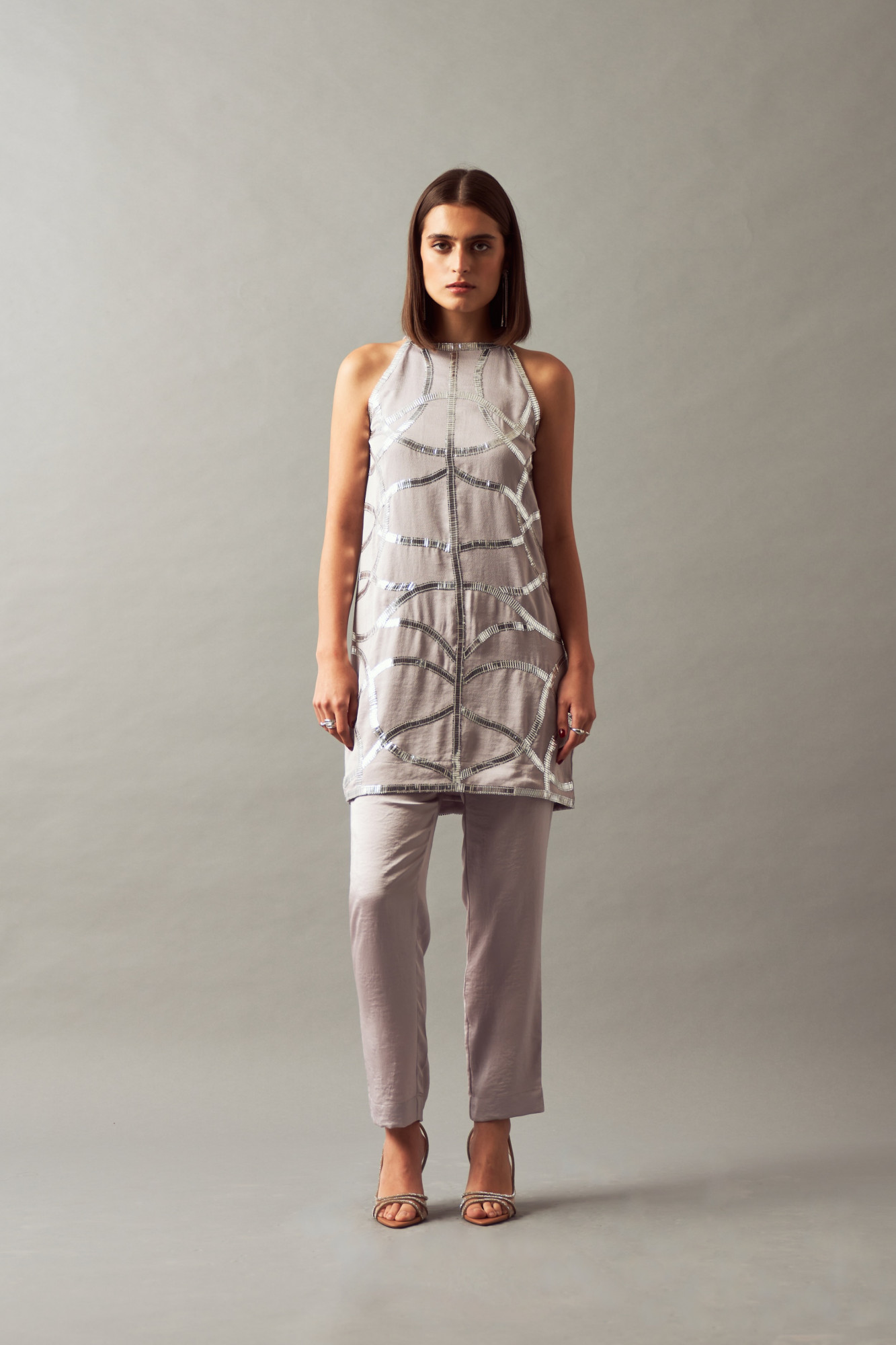 LEILA 02 SILVER HAND EMBROIDERED SLEEVLESS TUNIC AND PANTS CO-ORD SET