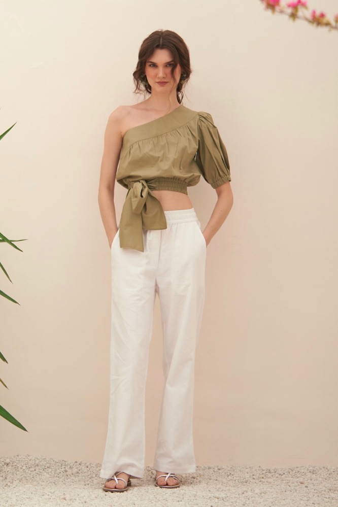 MALIBU LIGHT OLIVE COLOR COTTON POPLIN FABRIC ONE SIDED SHOULDER CROP SUMMER TOP WITH WAIST TIE