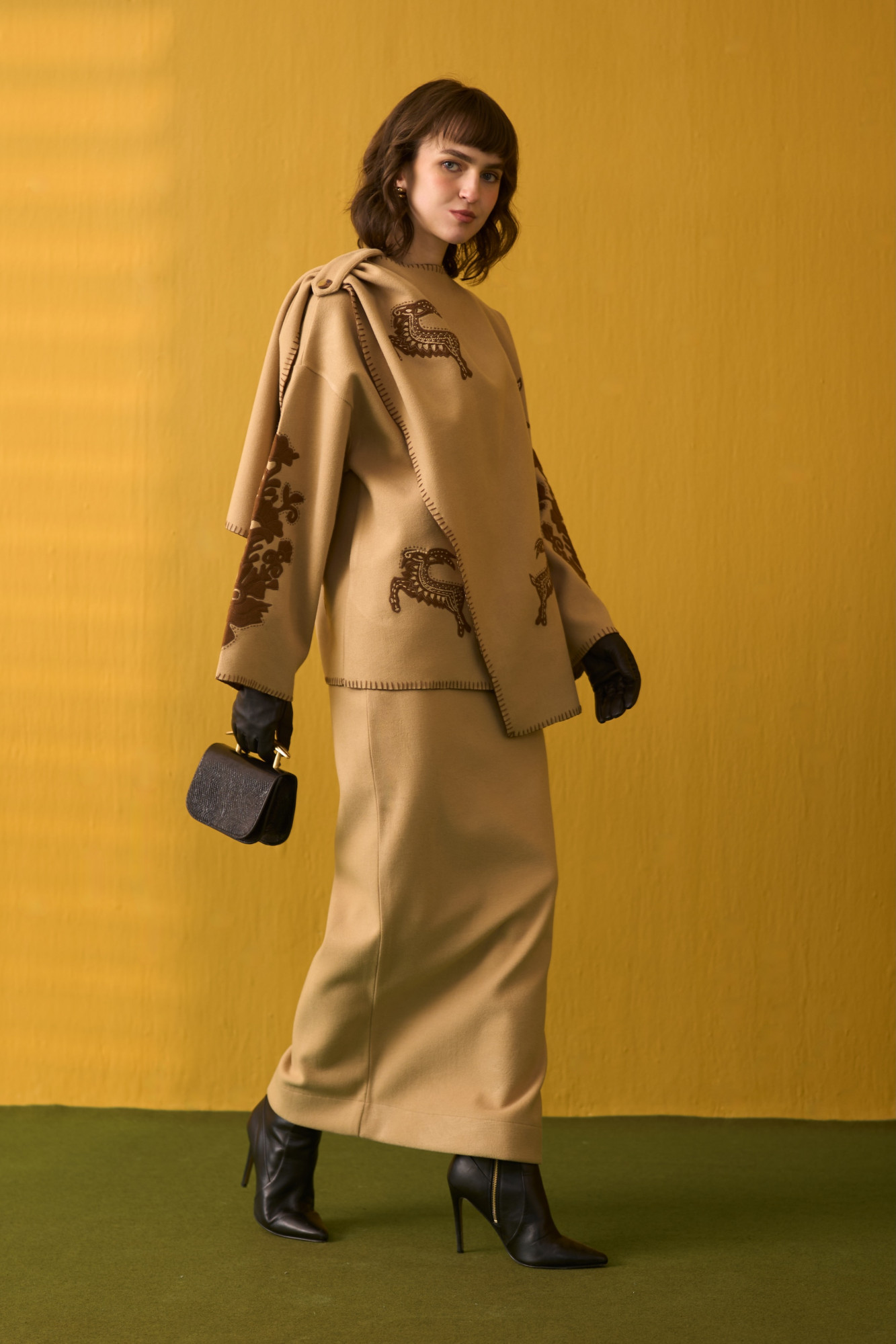 NOMADS BEIGE CAPE AND LONG PENCIL SKIRT CO-ORD SET WITH FLORA FAUNA EMBROIDERY