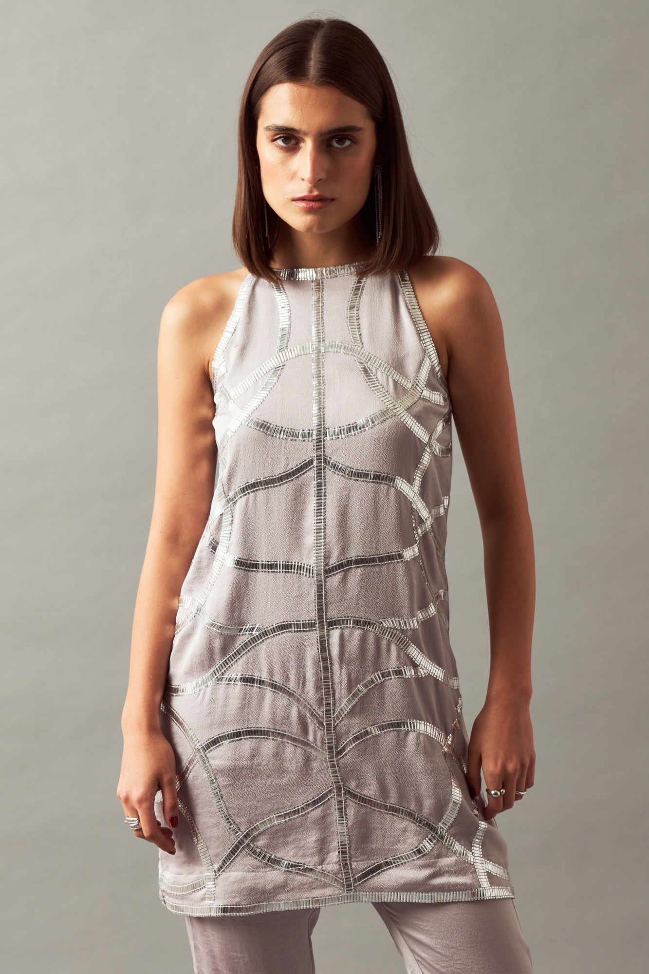 LEILA 02 SILVER HAND EMBROIDERED SLEEVLESS TUNIC AND PANTS CO-ORD SET