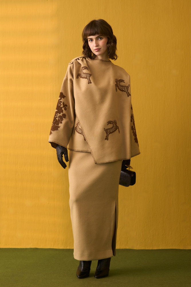 Image of NOMADS BEIGE CAPE AND LONG PENCIL SKIRT CO-ORD SET WITH FLORA &amp; FAUNA EMBROIDERY