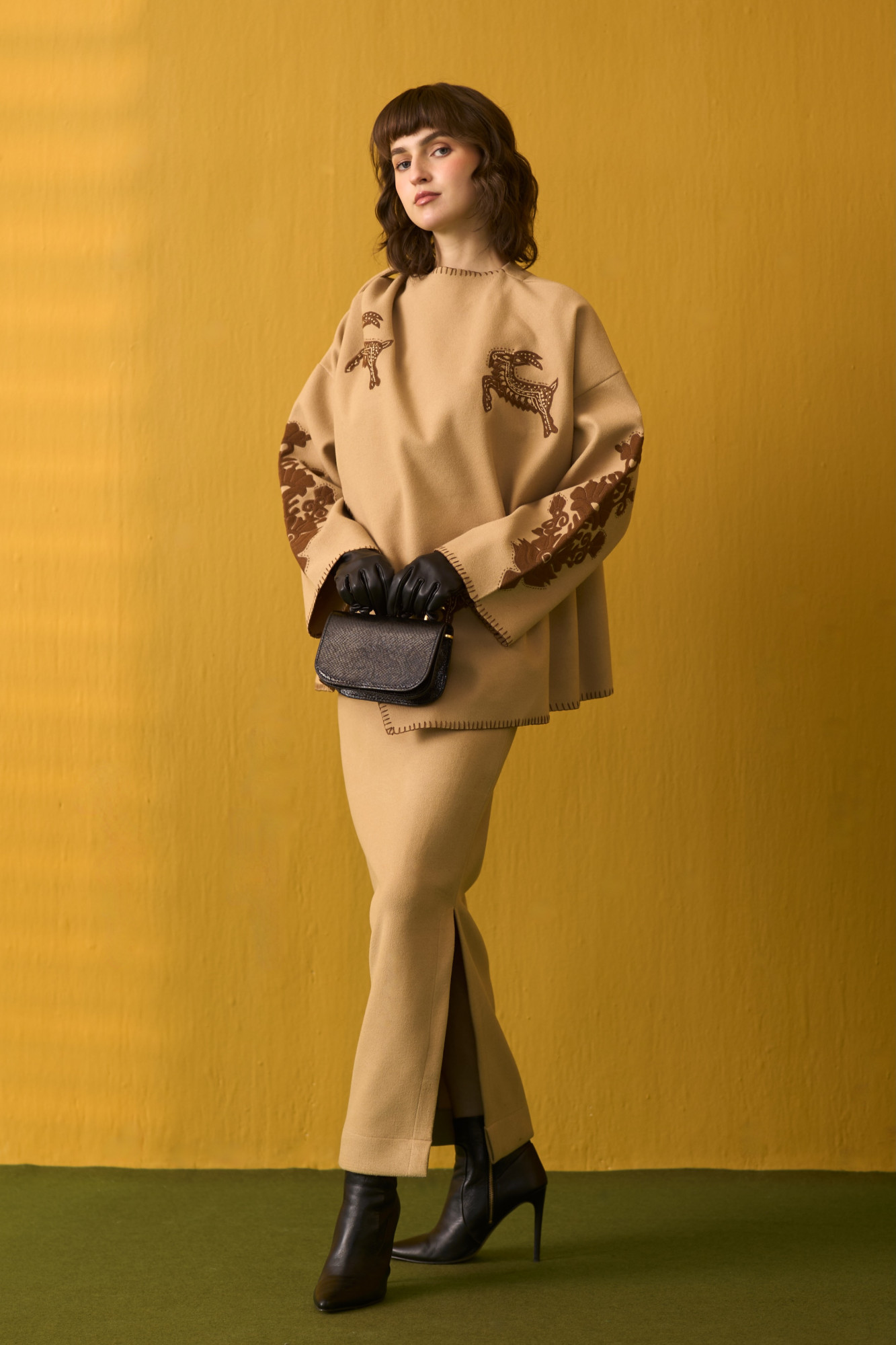 NOMADS BEIGE CAPE AND LONG PENCIL SKIRT CO-ORD SET WITH FLORA FAUNA EMBROIDERY