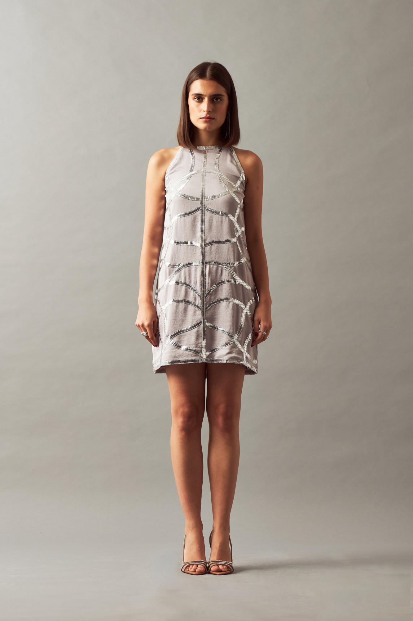 LEILA 02 SILVER HAND EMBROIDERED SLEEVELESS DRESS